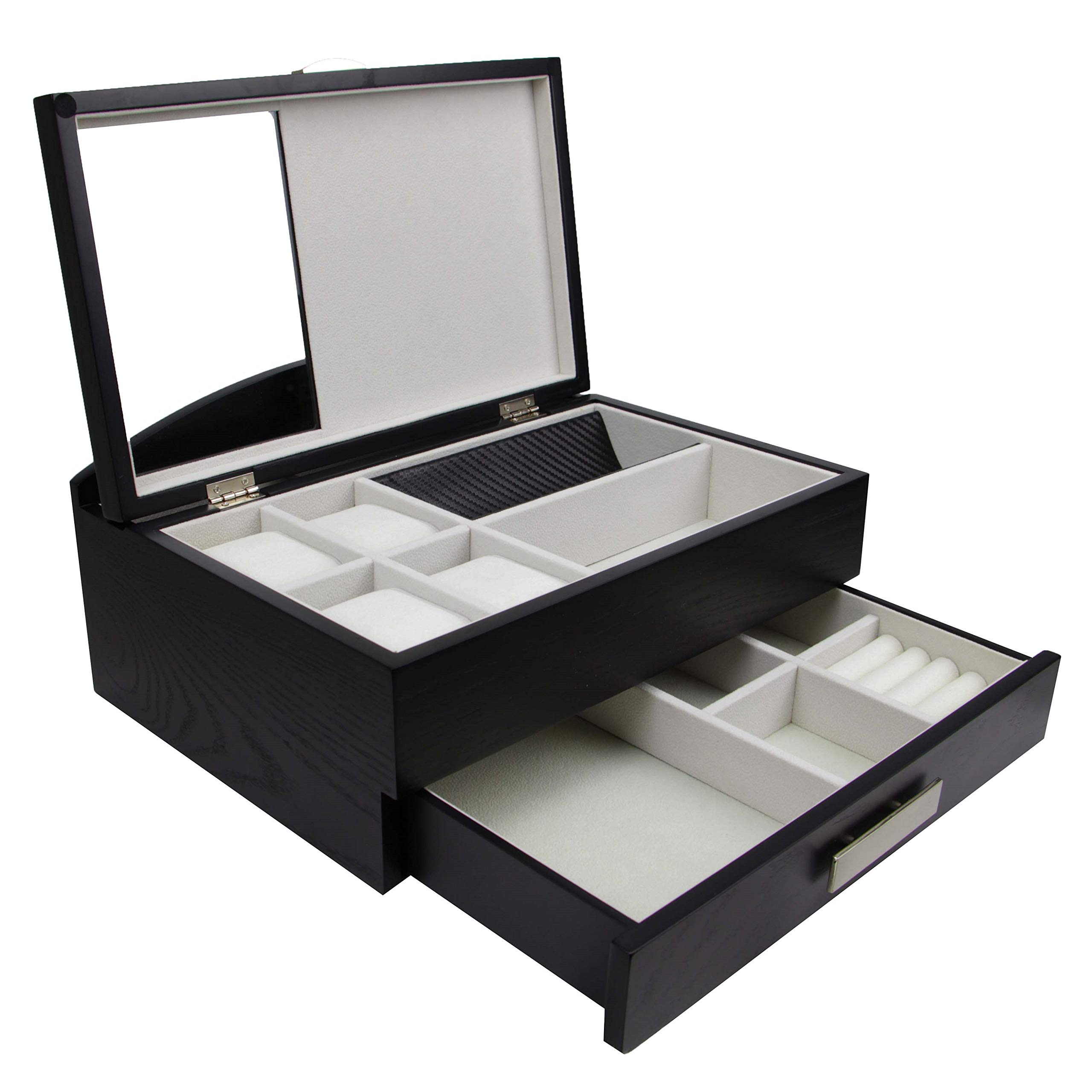 Premium Wooden Valet Storage Box Organizer for Men - Executive Style Jewelry & Watch Organizer with Drawers (Black) - Perfect for Dresser Top, Nightstand, or Closet Organization