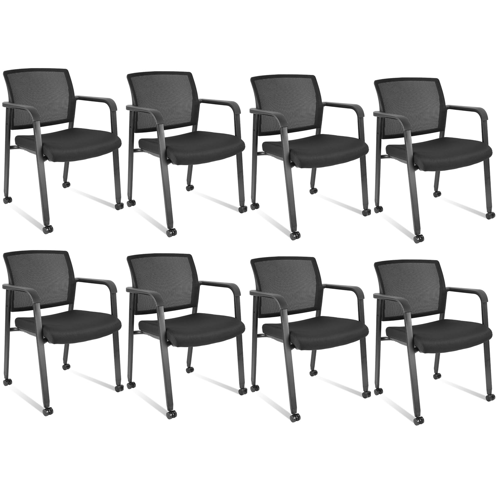 CLATINA 8-Piece Rolling Conference Room Chairs Set - Stackable Office Guest Reception Chairs with Armrests & Wheels, Ergonomic Mesh Back Waiting Room Stools for Office, School, Lobby, Church - Perfect for Meetings, Reception Areas & Conference Rooms (Black)