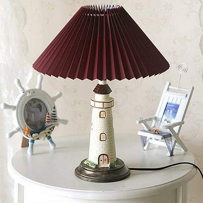 Kiven Large Nautical Lighthouse Table Lamp - Cape Hatteras Style Desk Light with Red Cloth Shade | Coastal Home Decor, Office Lighting, Bedroom Nightstand Lamp