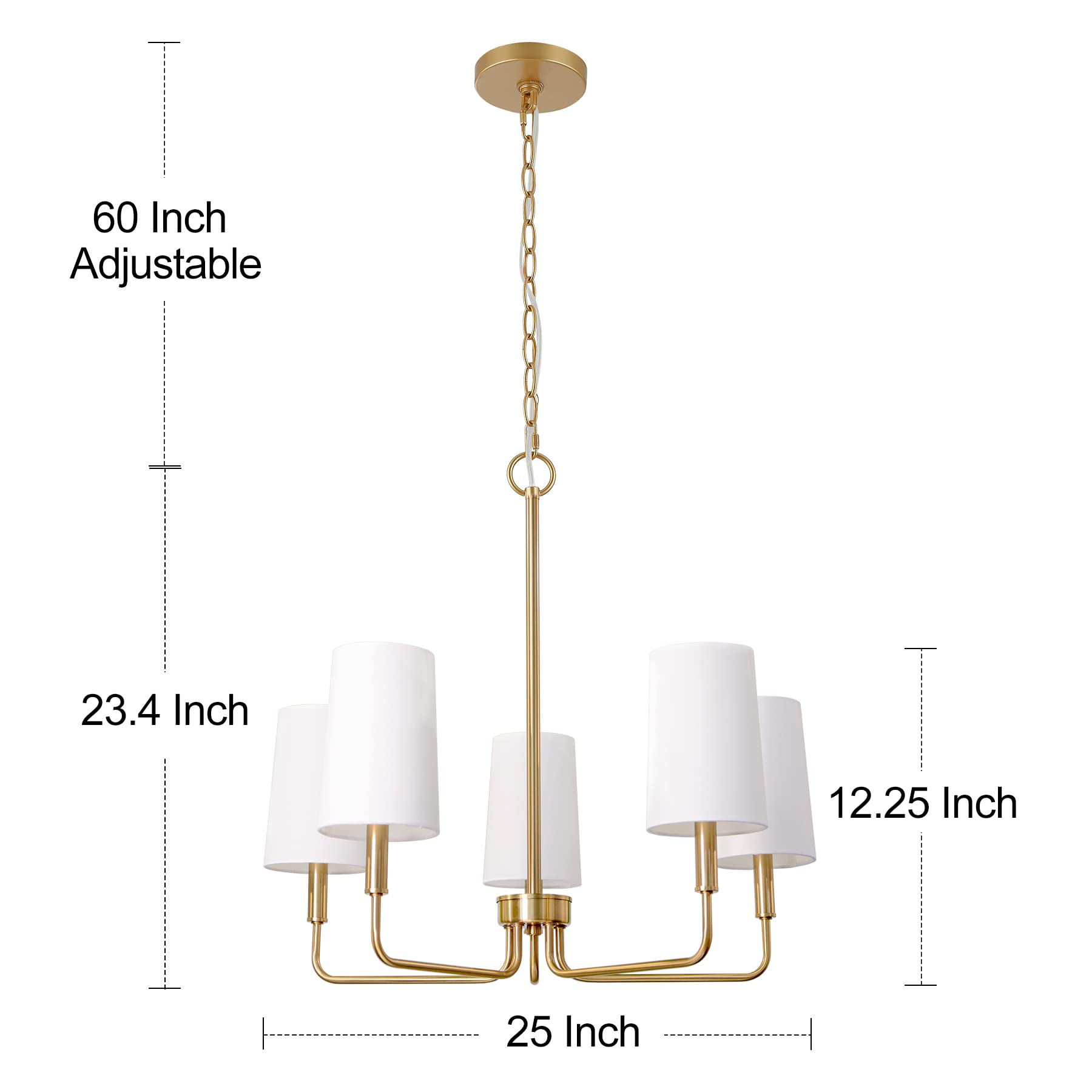 5-Light Brushed Brass Chandelier with White Fabric Shades - Farmhouse Linear Island Lighting Fixture for Kitchen, Dining Room & Entryway | Perfect for Rustic, Modern & Transitional Home Decor