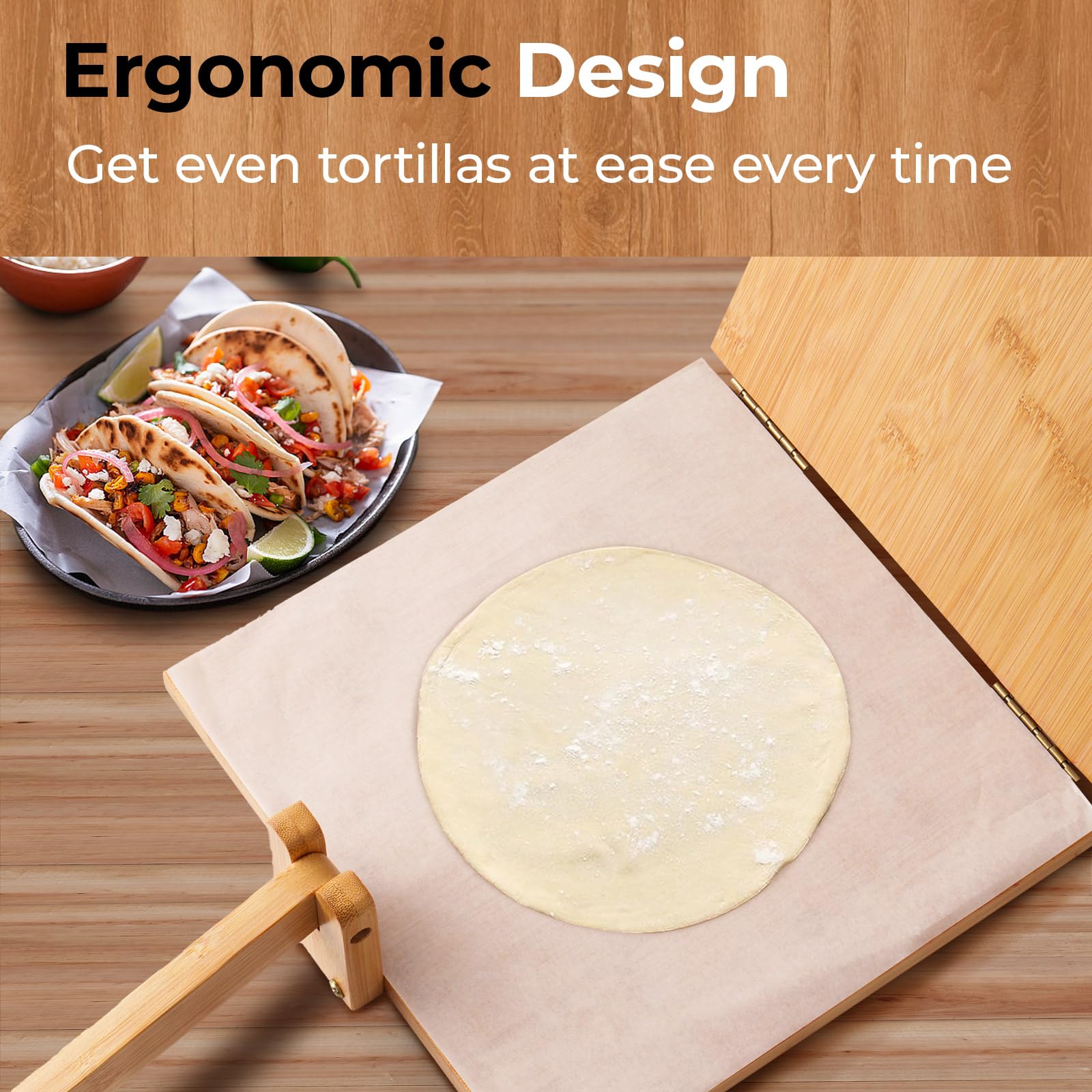 10 Inch Wooden Tortilla Press Maker with Rolling Pin & 50 Pcs Parchment Paper - Handmade Mexican Tortillas, Roti, Chapati, Tacos, Burritos - Perfect for Home Cooking & Authentic Mexican Cuisine