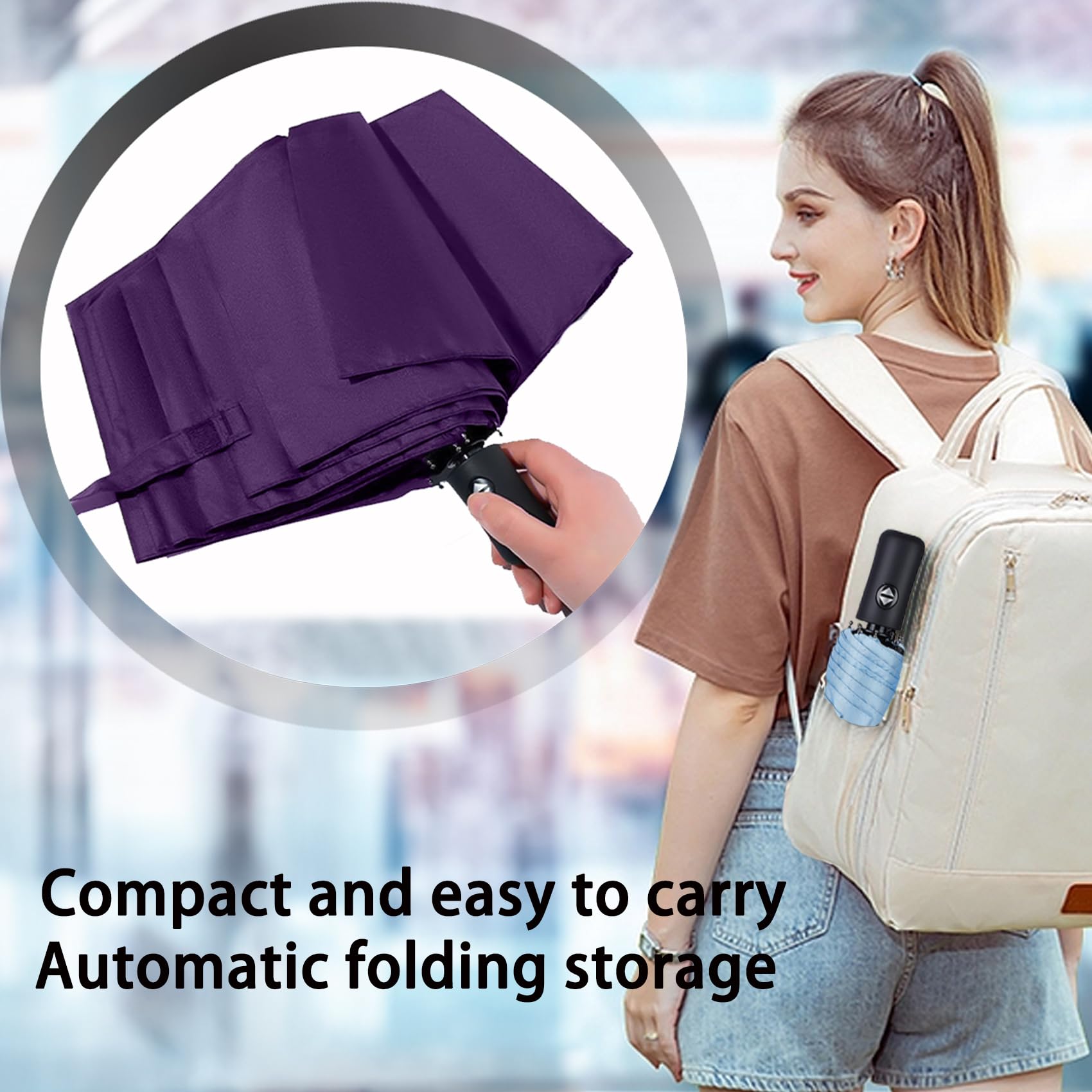 SIEPASA Windproof Travel Compact Umbrella - Automatic Open Close Umbrella for Rain - Portable Folding Umbrella for Men, Women & Teens - Lightweight & Strong Frame - Perfect for Commuting, Travel & Outdoor Activities (Purple)