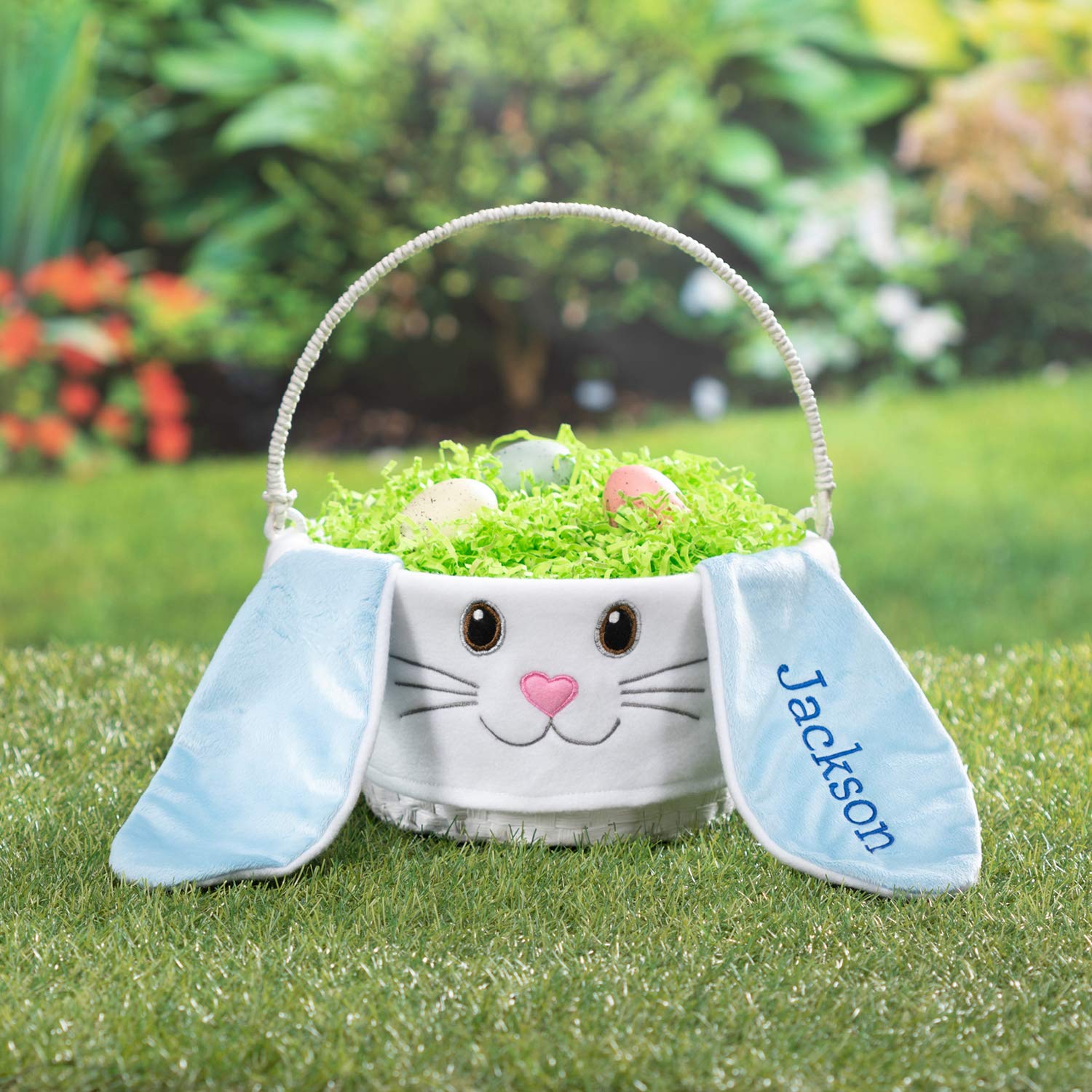Personalized Floppy Ear Easter Egg Basket with Handle - Custom Name Engraved | White Woven Bunny Easter Basket for Kids | Easter Gift Basket for Boys & Girls | Perfect for Easter Egg Hunts, Party Favors & Spring Decorations