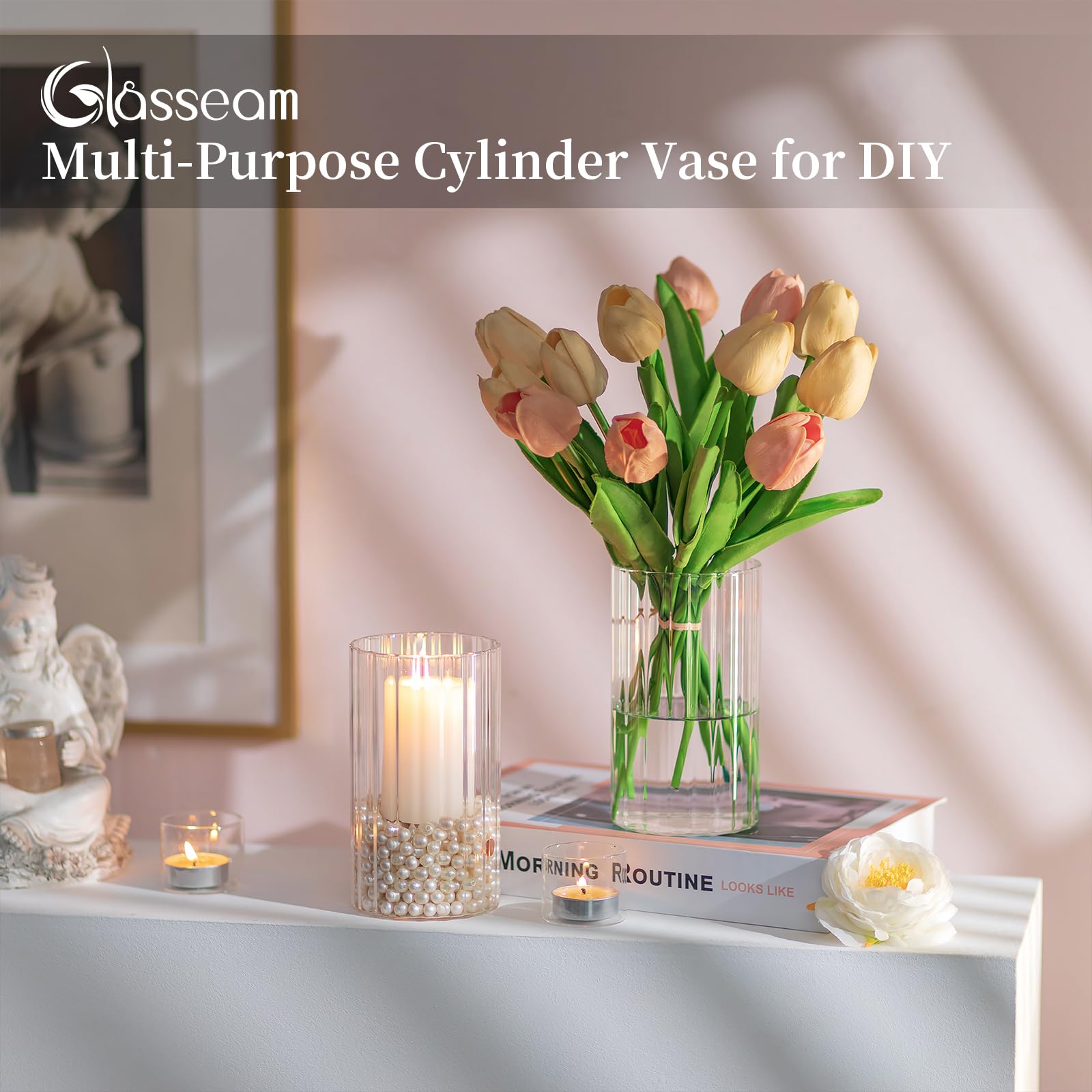 Glasseam Hurricane Glass Candle Holders - Set of 6 Clear Cylinder Candle Holders for Pillar Candles, Modern Ribbed Design, Decorative Vases for Wedding Centerpieces & Table Decor (5.91