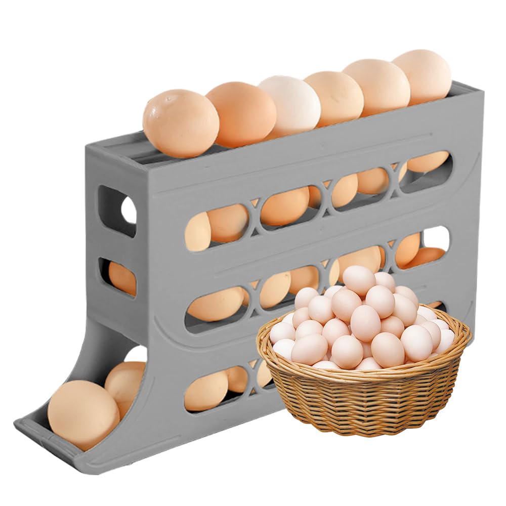 4-Tier Tilted Egg Holder for Refrigerator - Automatic Rolling Egg Dispenser, Large Capacity Kitchen Egg Storage Organizer for Countertop & Cabinets (Grey) - Perfect for Fresh Egg Storage & Easy Access in Modern Kitchens