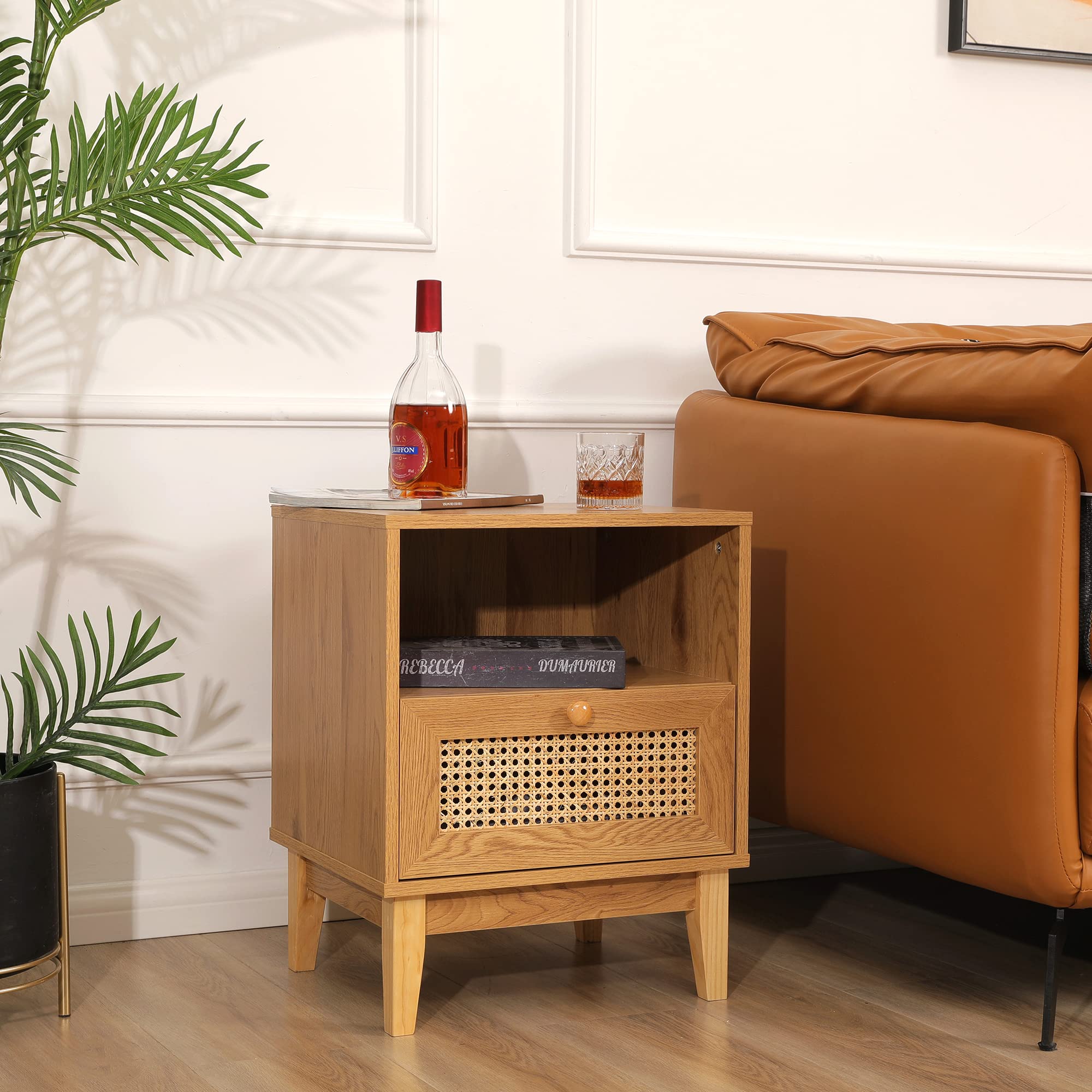 Rattan Nightstand Set of 2 - Boho Bedside Tables with Open Shelf & Drawers for Bedroom Decor - Perfect for Small Spaces, Guest Rooms, and Modern Farmhouse Style