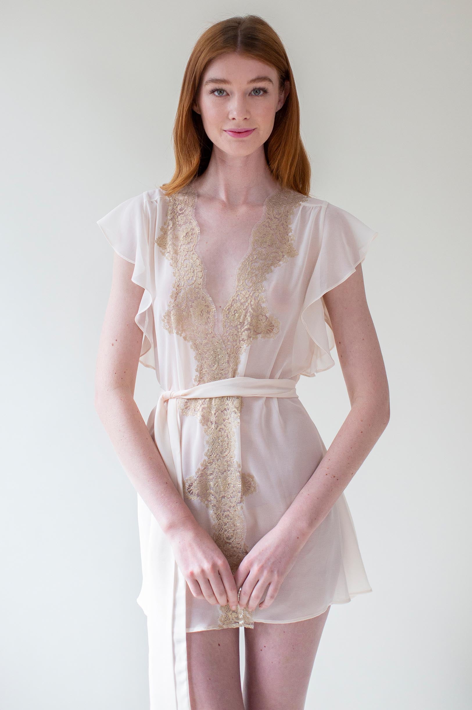 Elegant Honey Flutter Sleeves French Lace Robe in Rose Gold - Perfect for Bridal Shower, Wedding Party & Romantic Date Nights