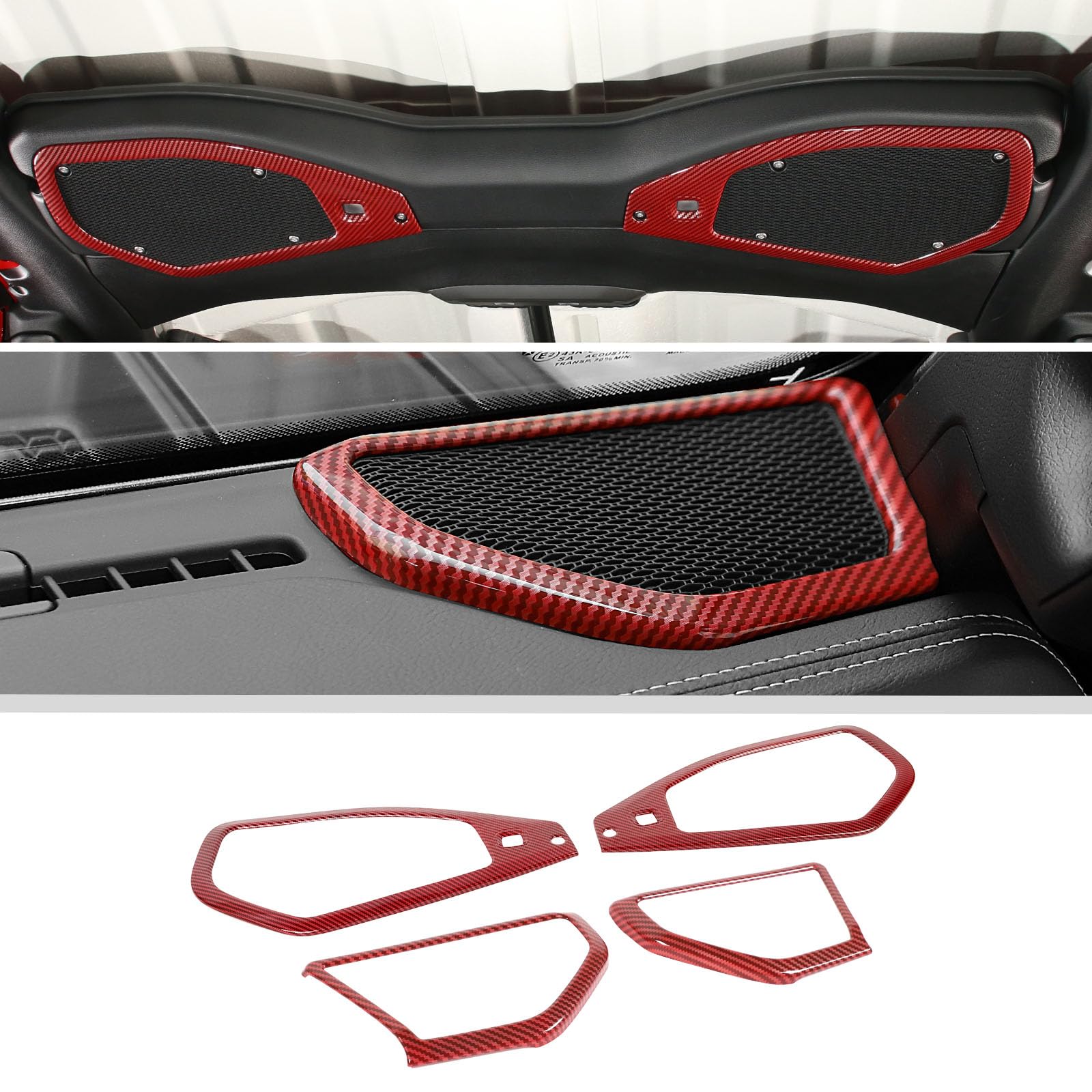 2024-2025 Jeep Wrangler JL/JLU & Gladiator JT Speaker Audio Trim & A-Pillar Cover - ABS Red Carbon Fiber 4-Piece Set - Upgrade Interior for Enhanced Sound & Style