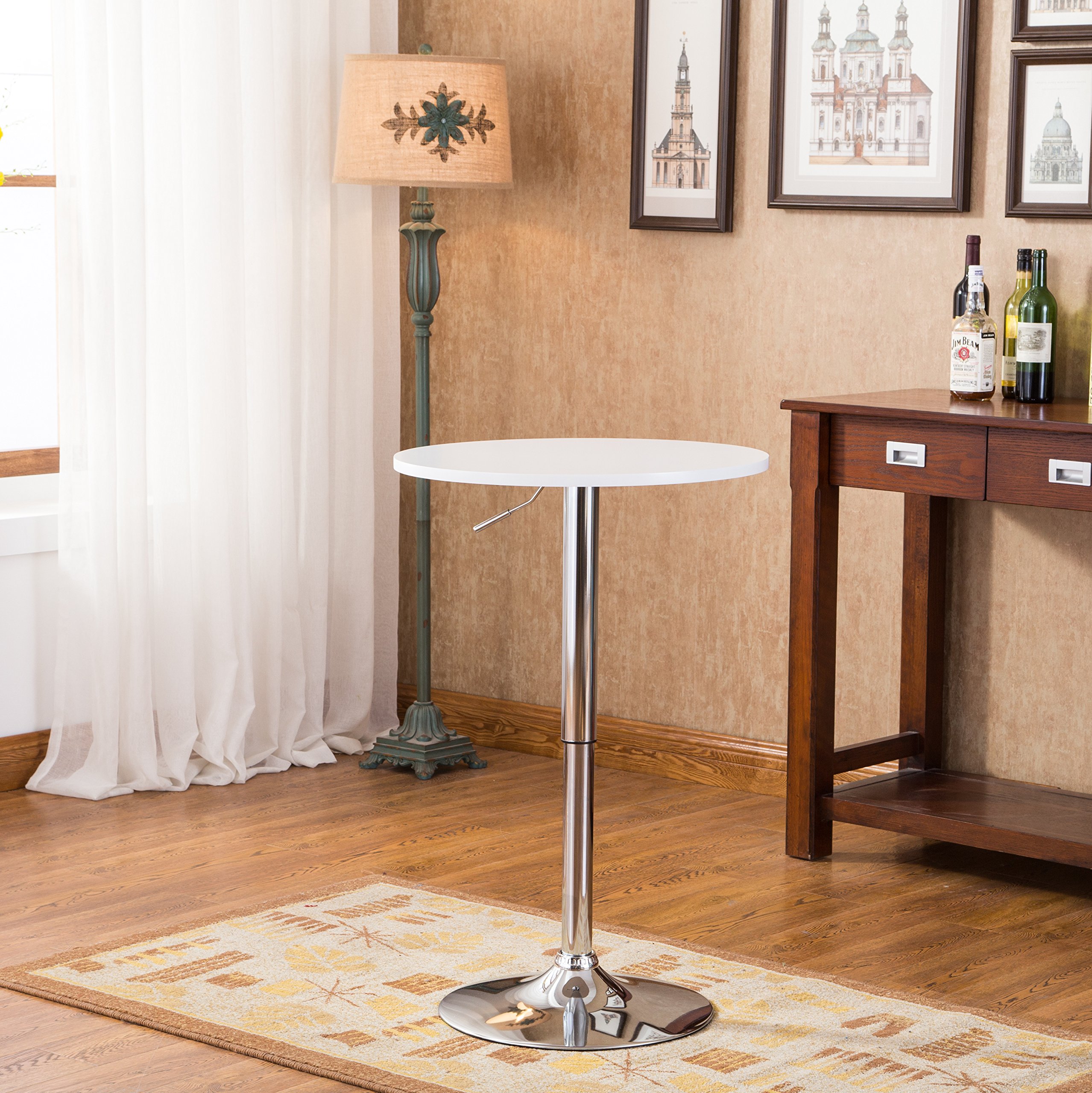 Roundhill Furniture Adjustable Height Bar Table - 36 Inch White Wood & Chrome Metal Counter Height Table for Kitchen, Dining Room, or Home Bar