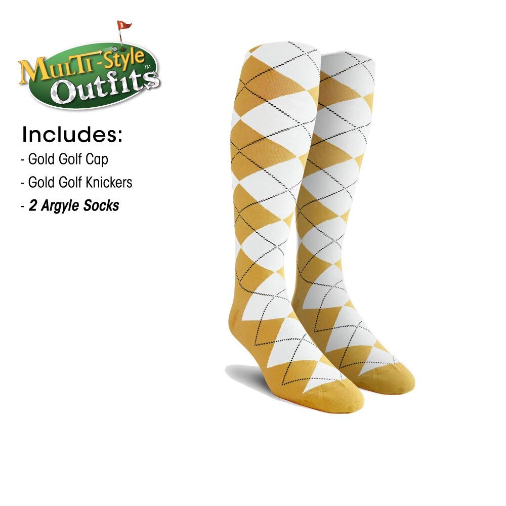 Men's Stylish Gold Golf Outfit Set - Matching Knickers, Cap & 2 Over-The-Calf Socks for Comfortable Golfing & Casual Wear