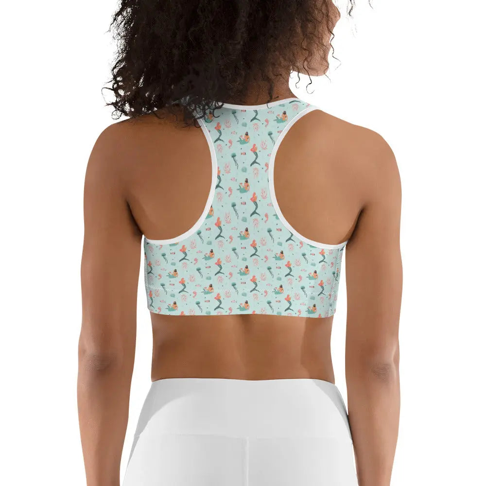 High Support Sports Bra for Women - Mermaid Sea Print Gym Workout Top - Perfect for Yoga, Running & Fitness Training