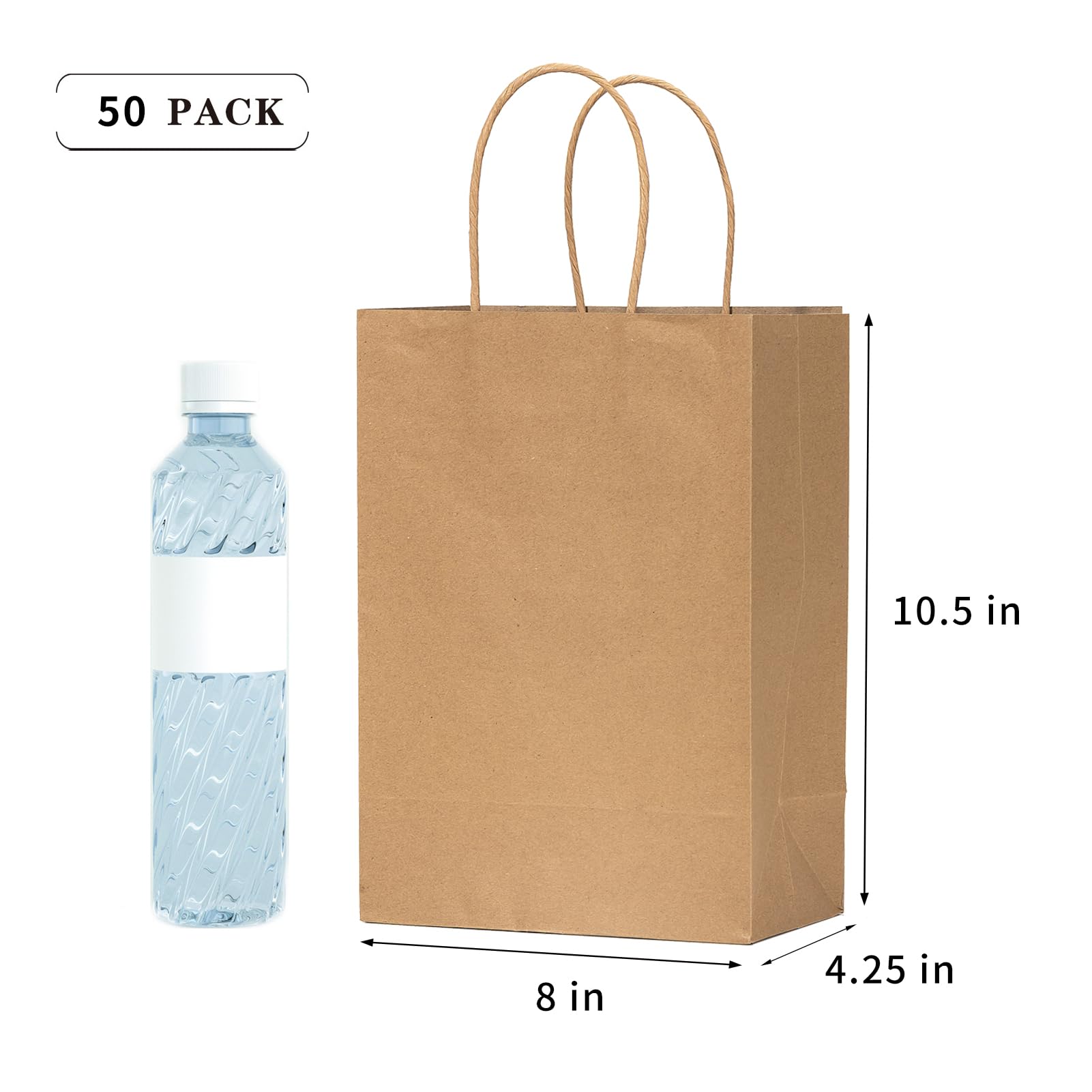 Vanhel 50-Pack Brown Kraft Gift Bags with Handles - 8x4.25x10.5 Inch Bulk Shopping Bags for Parties, Retail, Merchandise & Favors | Eco-Friendly Paper Bags for Birthday Gifts, Wedding Favors & Store Packaging