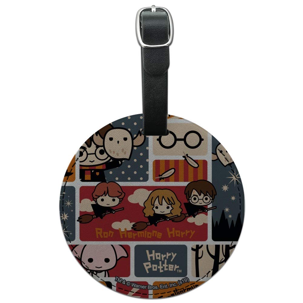 Harry Potter Chibi Style Round Leather Luggage Tag - Cute Travel ID Card Holder for Suitcases, Backpacks & Carry-On Bags - Perfect for Harry Potter Fans & Travel Enthusiasts