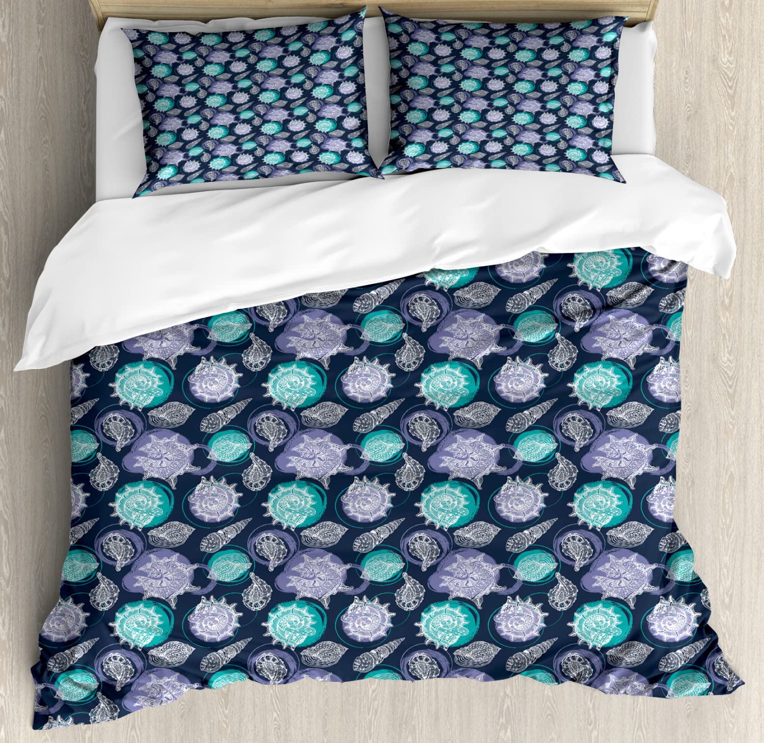 Ambesonne Nautical Duvet Cover Set - Ocean Theme Seashells Scallop Marine Coastal Bedding Set, 2 Duvet Covers & 4 Pillowcases, Queen Size 2-Pack, Night Blue - Perfect for Beach House, Summer Decor & Coastal Bedroom Styling
