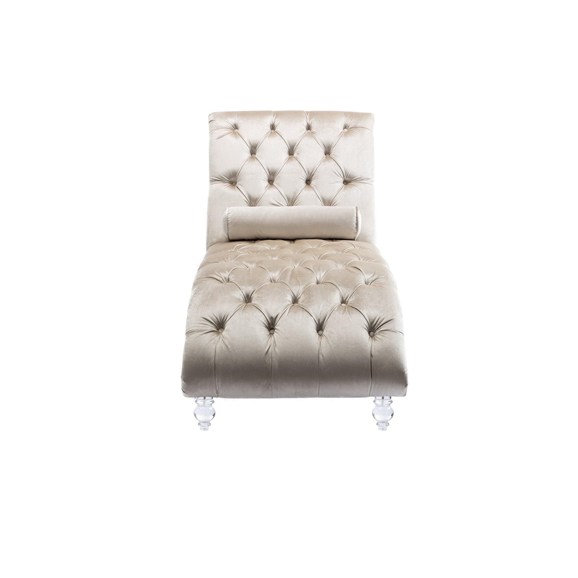 Luxury Velvet Chaise Lounge Chair - Button Tufted Upholstered Sofa with Pillow for Bedroom, Living Room & Office - Elegant Beige Velvet - Perfect for Relaxing, Reading & Home Decor