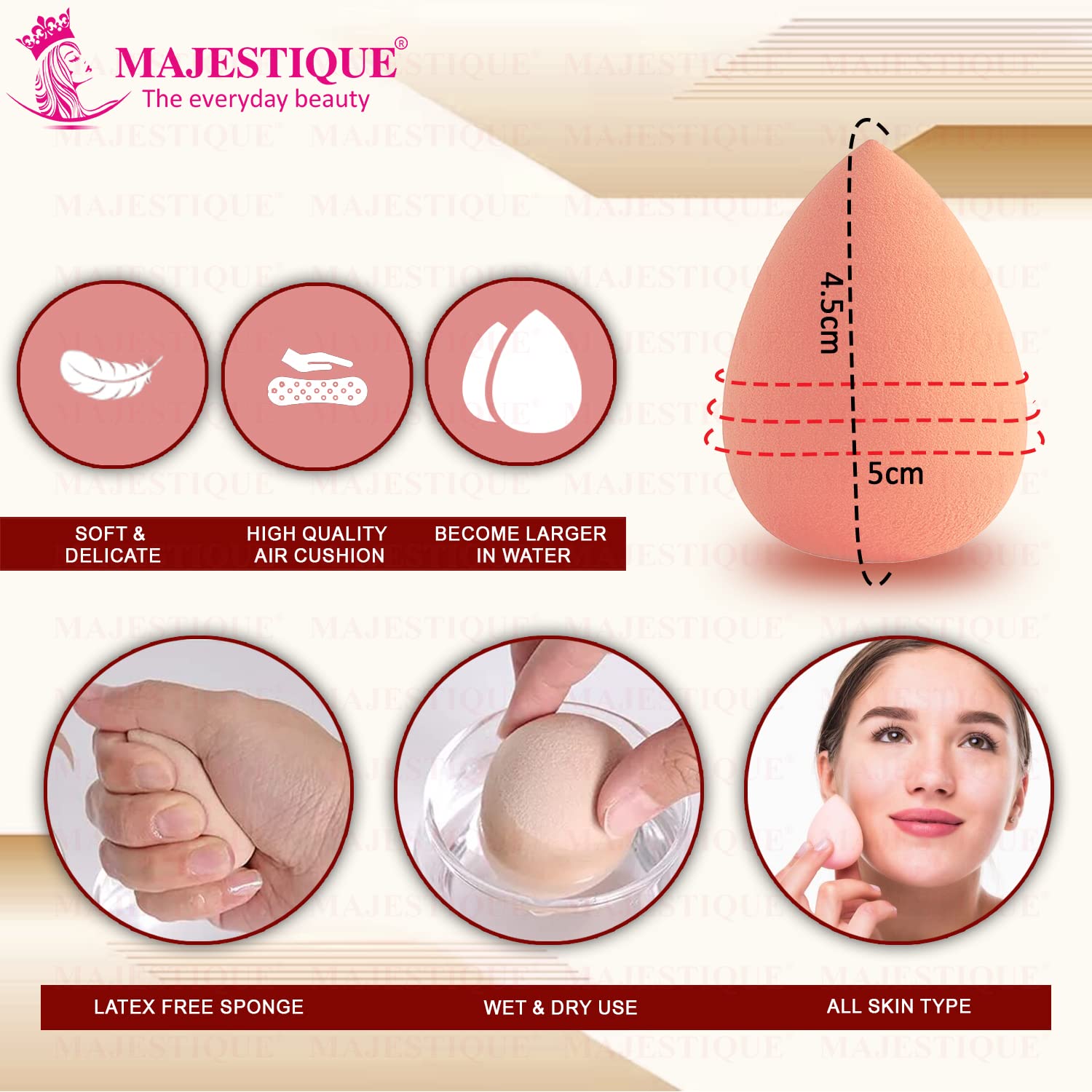 Majestique Large Grip Makeup Sponge - Beauty Blender for Face Primer, Compact Powder & Sensitive Skin (Pack of 2) | Perfect for Flawless Foundation Application & On-The-Go Touch Ups