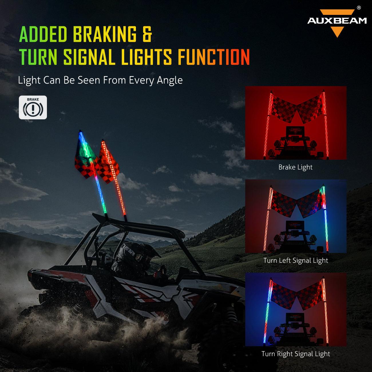 (2-Pack) 3FT/4FT LED RGB Whip Lights with Turn Signal & Brake Light - Bluetooth APP & Remote Control for ATV, UTV, Jeep, Off-Road Vehicles - Perfect for Night Rides, Camping & Outdoor Adventures