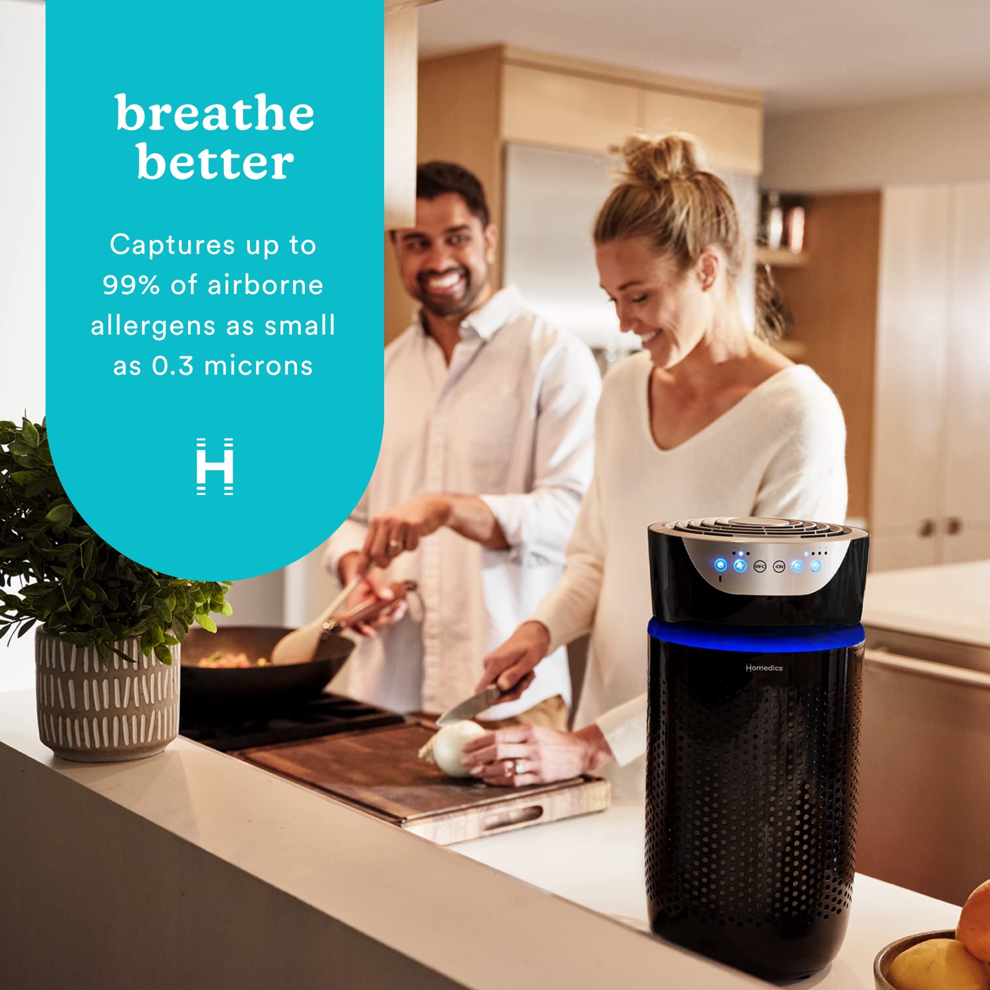 Homedics 5-in-1 UV-C Air Purifier with 360° HEPA Filter - Covers 170 Sq Ft, 3 Speed Settings for Bedroom, Office & Small Spaces | Includes Essential Oil Diffuser & Timer | Black | Ideal for Allergies, Pet Dander & Smoke Removal