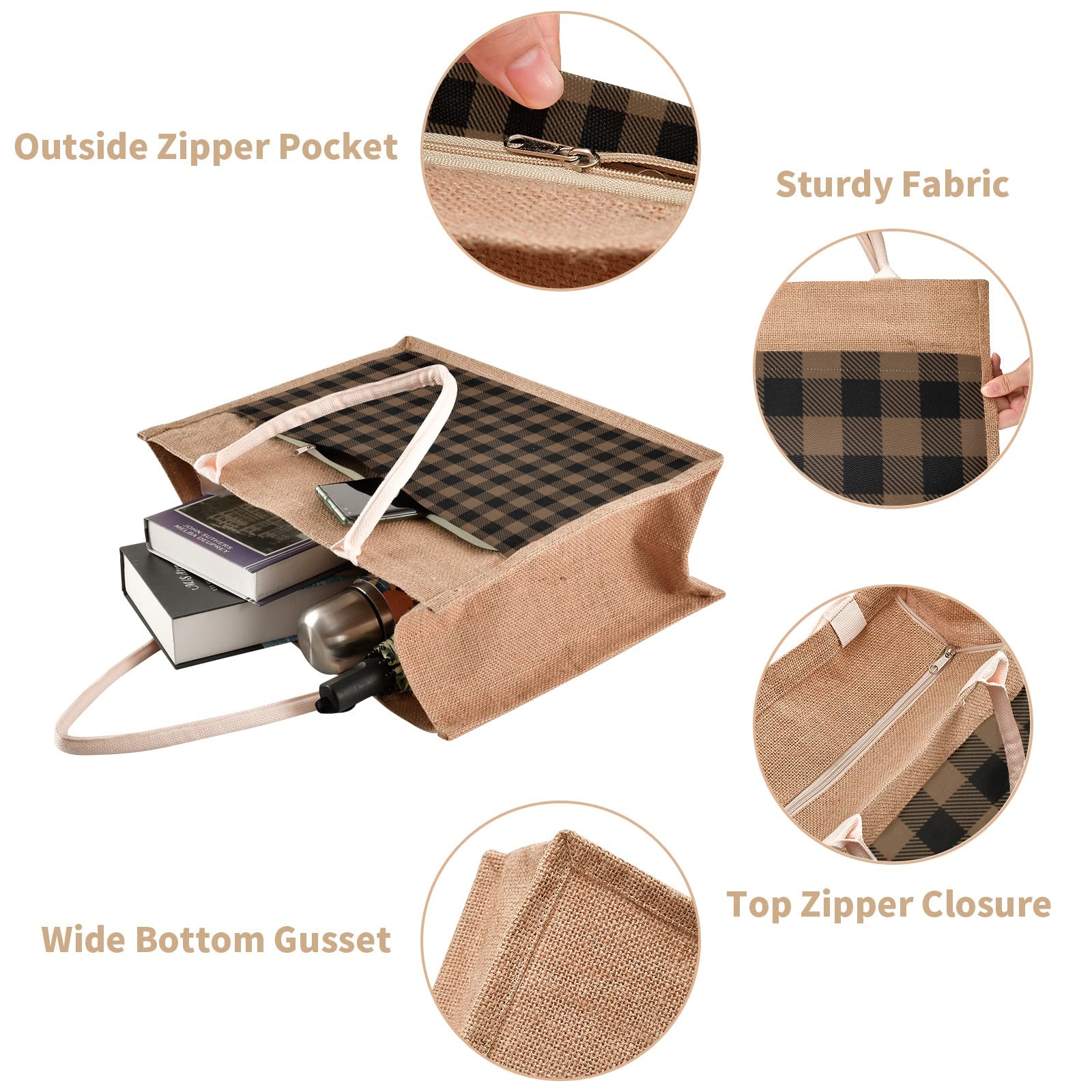 JUNZAN Tartan Coffee Brown Plaid Jute Tote Bag - Eco-Friendly Reusable Straw Beach Bag for Shopping, Groceries & Wedding Gifts | Perfect for Beach Outings, Farmers Market & Daily Errands