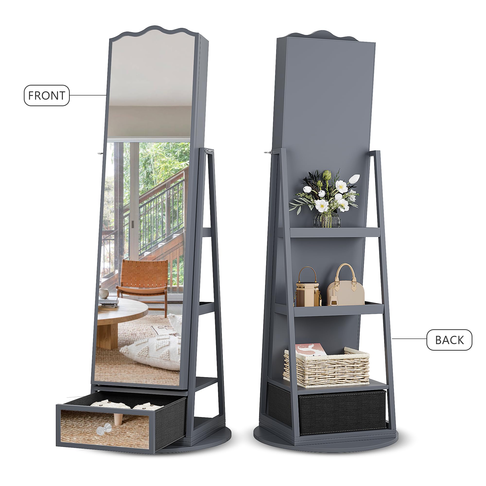 360° Rotating LED Jewelry Armoire with Full-Length Mirror - Large Capacity Jewelry Organizer with Lights & Lock - Floor Standing Mirror Cabinet with Storage Shelves for Bedroom, Cloakroom - Perfect for Organizing Necklaces, Rings & Accessories in Walk-In Closets or Dressing Rooms
