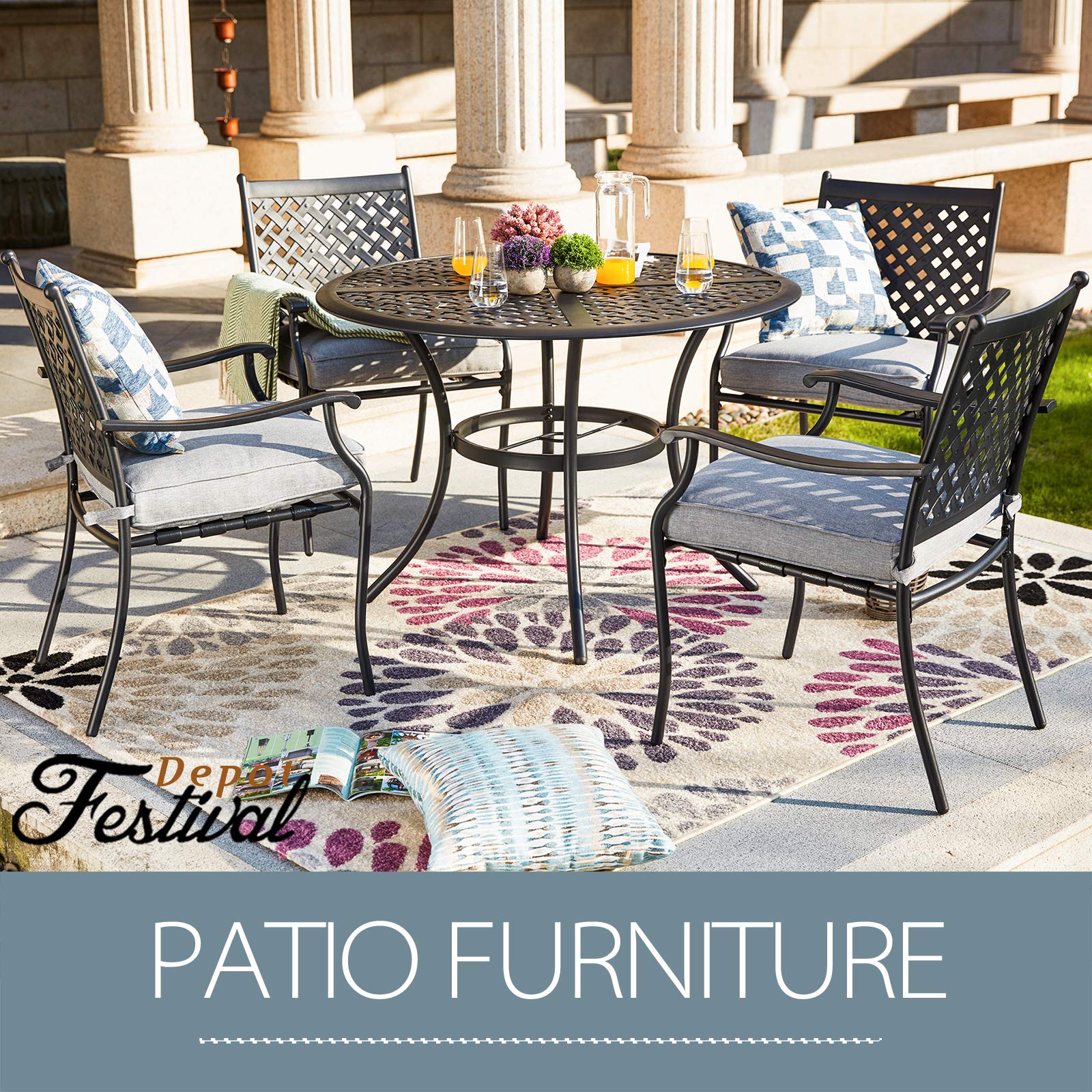 5-Piece Outdoor Patio Dining Set with 4 Armchairs, Cushions & Round Black Table - Wrought Iron Furniture for Deck, Lawn, Poolside (Grey) | Includes 2.04