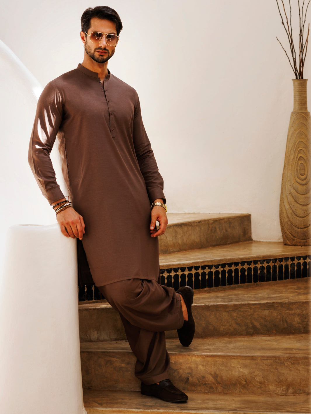 Elegant Blended Brown Shalwar Kameez by J. Junaid Jamshed - Traditional Pakistani Outfit for Weddings, Festivals & Special Occasions