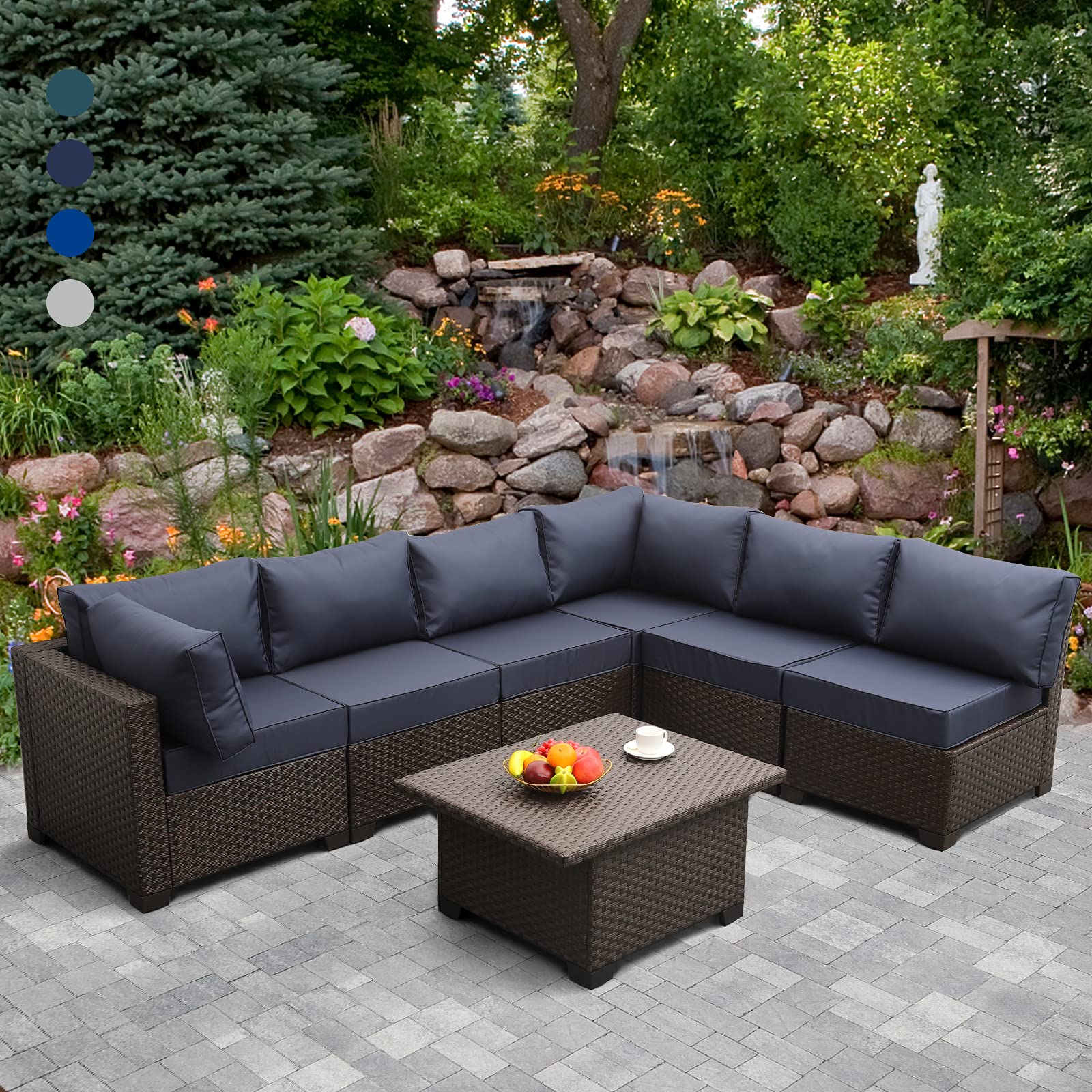 7-Piece Outdoor Wicker Patio Furniture Set - Brown PE Rattan Sectional Sofa with Adjustable Storage Table & Thick 5
