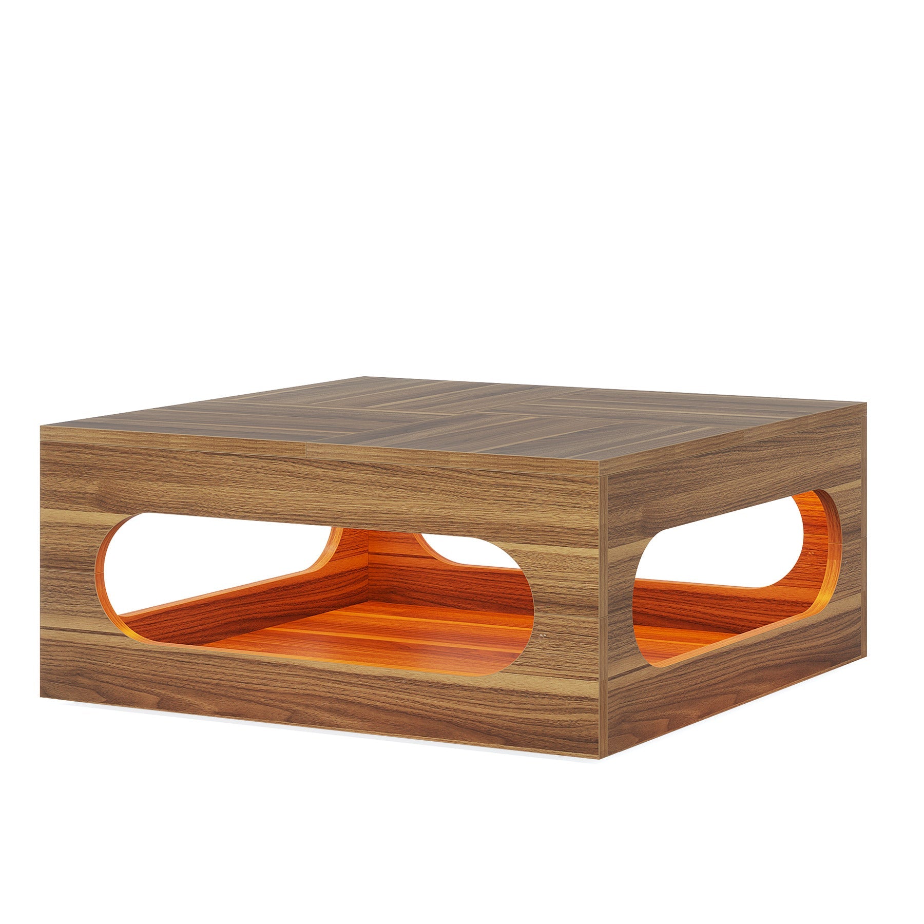 2-Tier Wooden Coffee Table with LED Strip Lights - Modern Square Center Tea Table for Living Room, Bedroom & Office Decor