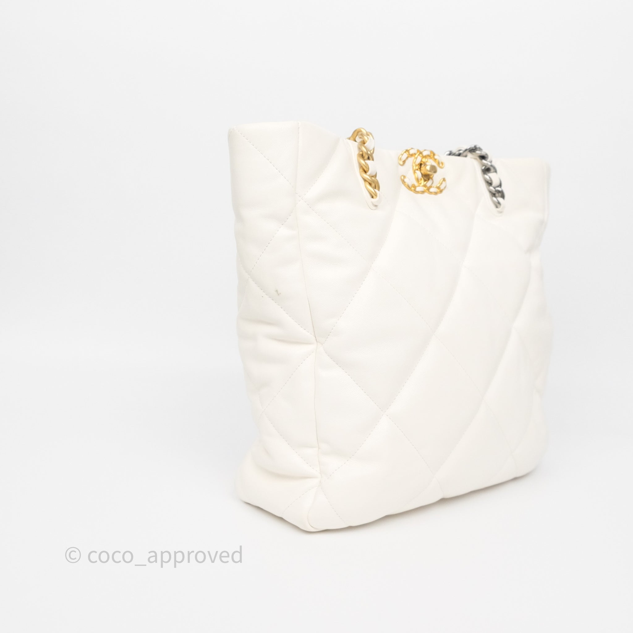 Chanel 19 Quilted Leather Tote Bag in White with Mixed Gold & Silver Hardware - Luxury Designer Handbag for Women, Perfect for Work, Travel & Everyday Use