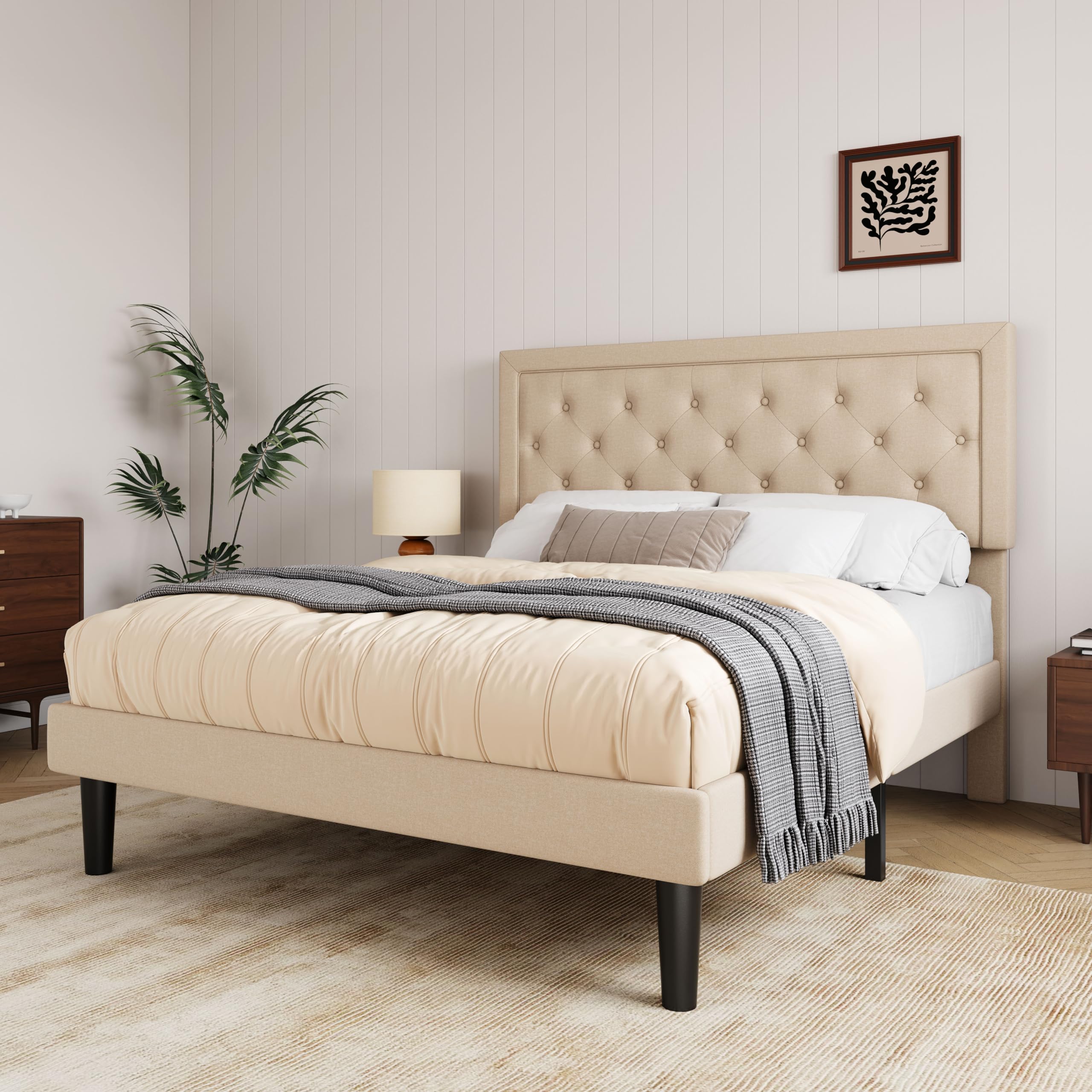 Allewie Full Size Button Tufted Fabric Upholstered Bed Frame with Adjustable Headboard, Wood Slat Support & Mattress Foundation in Beige - Perfect for Master Bedrooms, Guest Rooms & Modern Home Decor