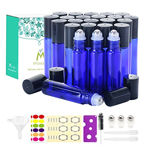 24-Pack 10ml Essential Oil Roller Bottles - Cobalt Blue Glass with Stainless Steel Roller Balls, Includes 3 Extra Roller Balls, 54 Labels, Opener, Funnel, Dropper & Brush | Perfect for DIY Aromatherapy, Travel & Gift Making