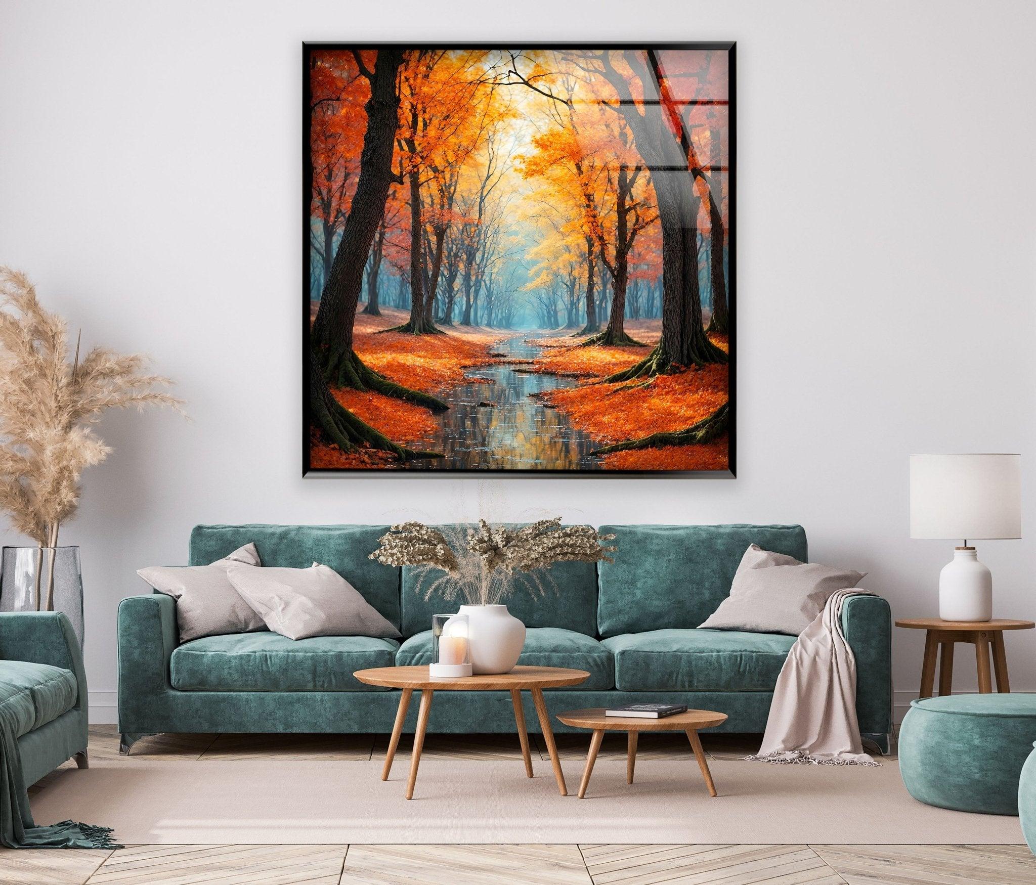 Stunning Fall Forest Art Print on Glass - Autumn Pathway Reflections Wall Decor for Living Room, Bedroom & Office