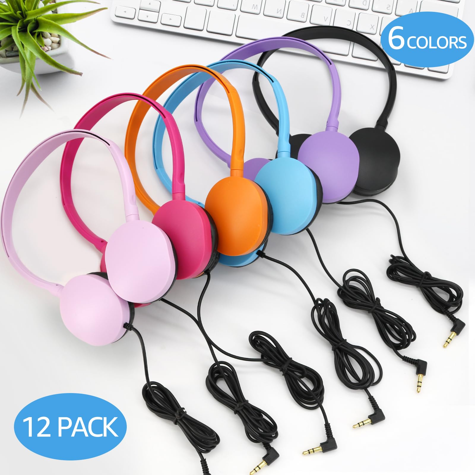 12 Pack Kids Headphones Bulk for School - Colorful Wired Classroom Headphones with Adjustable Headband & 3.5mm Jack - Perfect for School, Library, Online Learning, Travel and Home Use (Kids, Teens & Adults)