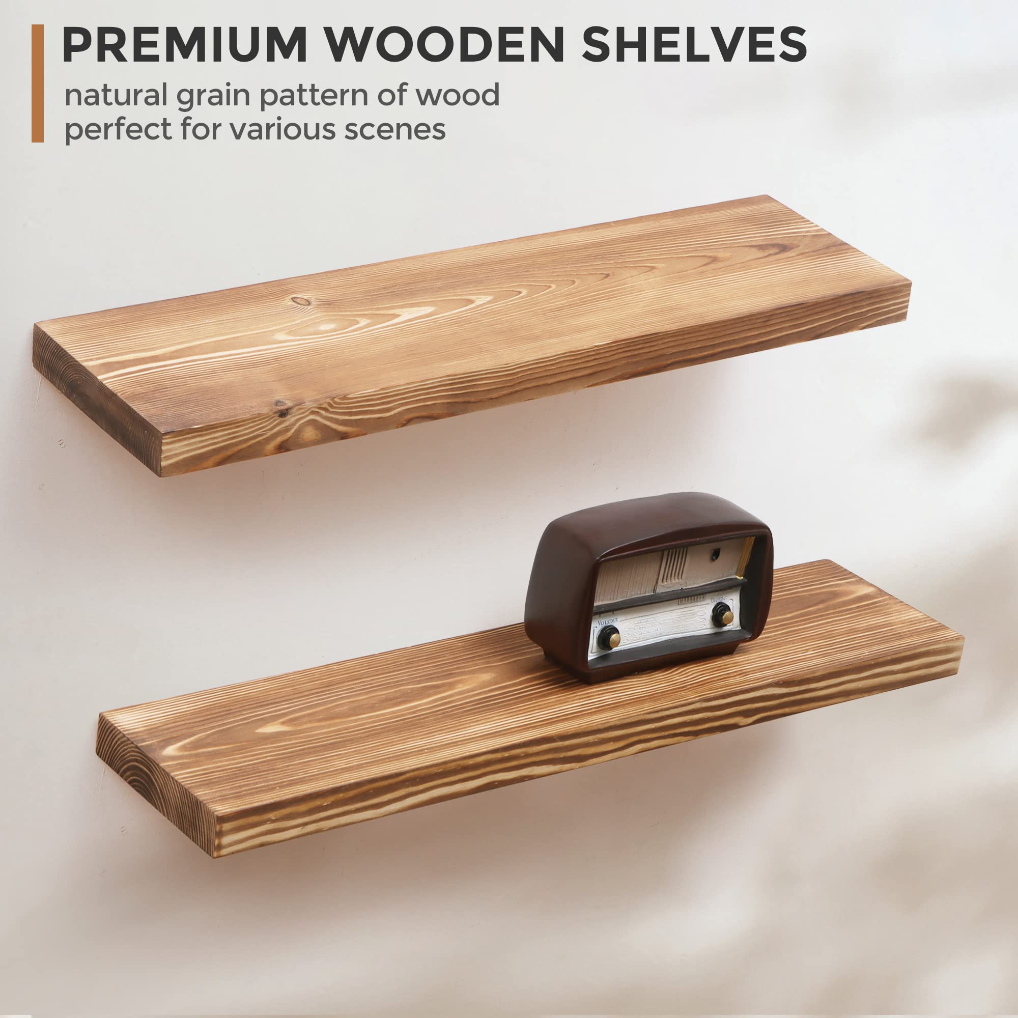 Handcrafted European Pine Floating Shelves Set of 2 - 24 Inch Natural Rustic Wood Wall Shelves for Storage & Display | Farmhouse Decor for Kitchen, Bathroom, Living Room & Bedroom | Carbonized Finish | Perfect for Organizing Spices, Books & Decor Items