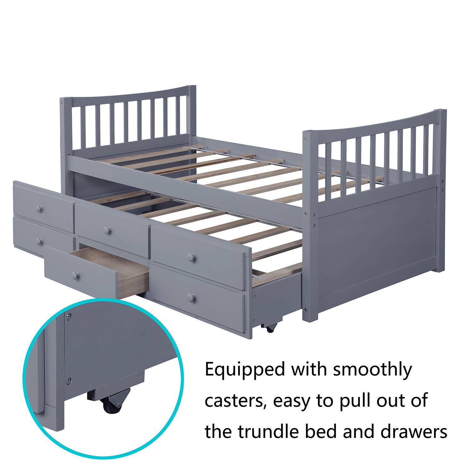 KLMM Solid Wood Twin Daybed with Trundle Bed & Storage Drawers - No Spring Required, Easy Assembly (Gray) | Perfect for Guest Rooms, Kids' Bedrooms & Small Spaces