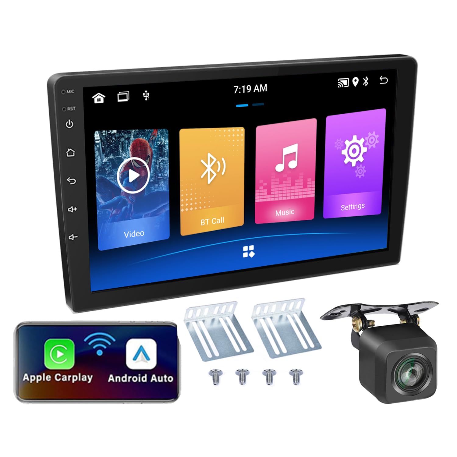 10 Inch Android Car Stereo with Wireless CarPlay & Android Auto | Double Din 2.5D Touchscreen | FM/Bluetooth/Wi-Fi Audio Receiver | Perfect for Hands-Free Calling & Music Streaming in Your Vehicle