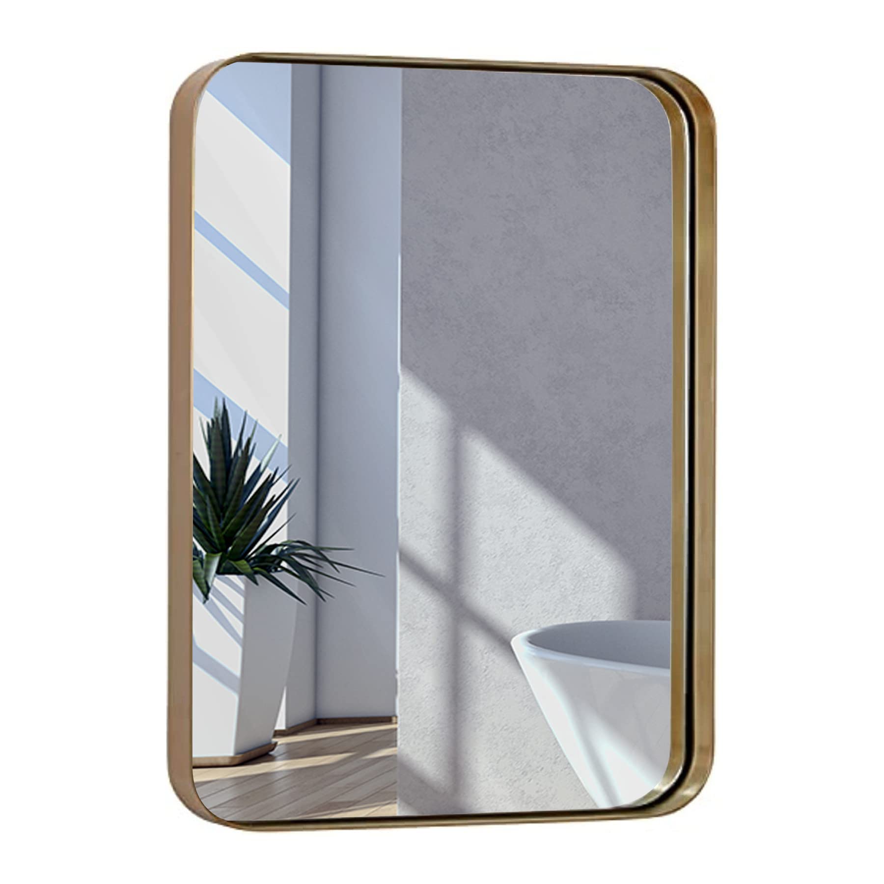 16x24 Inch Gold Metal Wall Mirror for Bathroom - Brushed Rectangular Vanity Mirror with Rounded Corners | 2