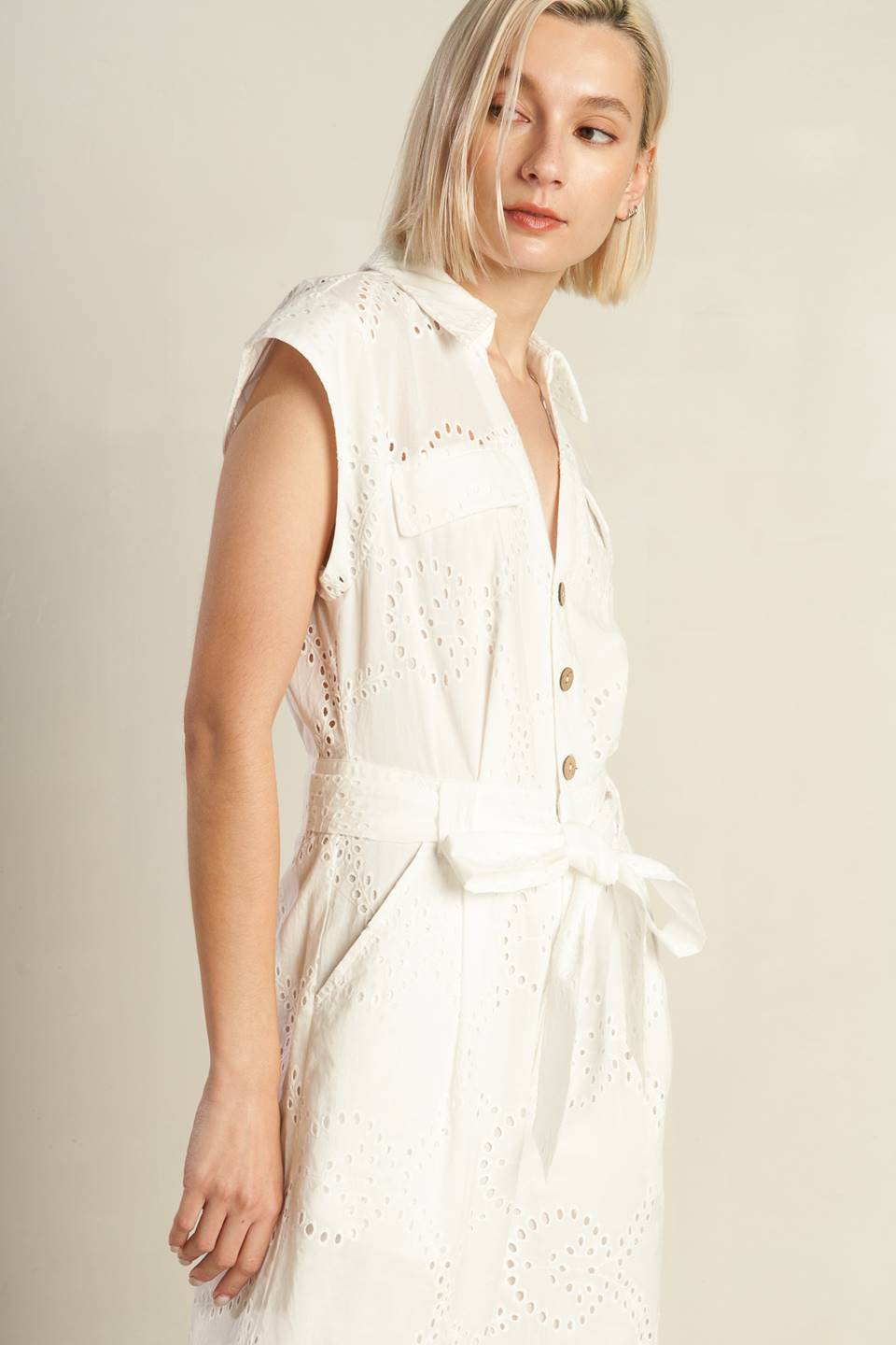 Stylish White Eyelet Jumpsuit for Women - Summer Boho Romper with Short Sleeves & Elastic Waist | Perfect for Beach Vacations, Music Festivals, and Casual Outings