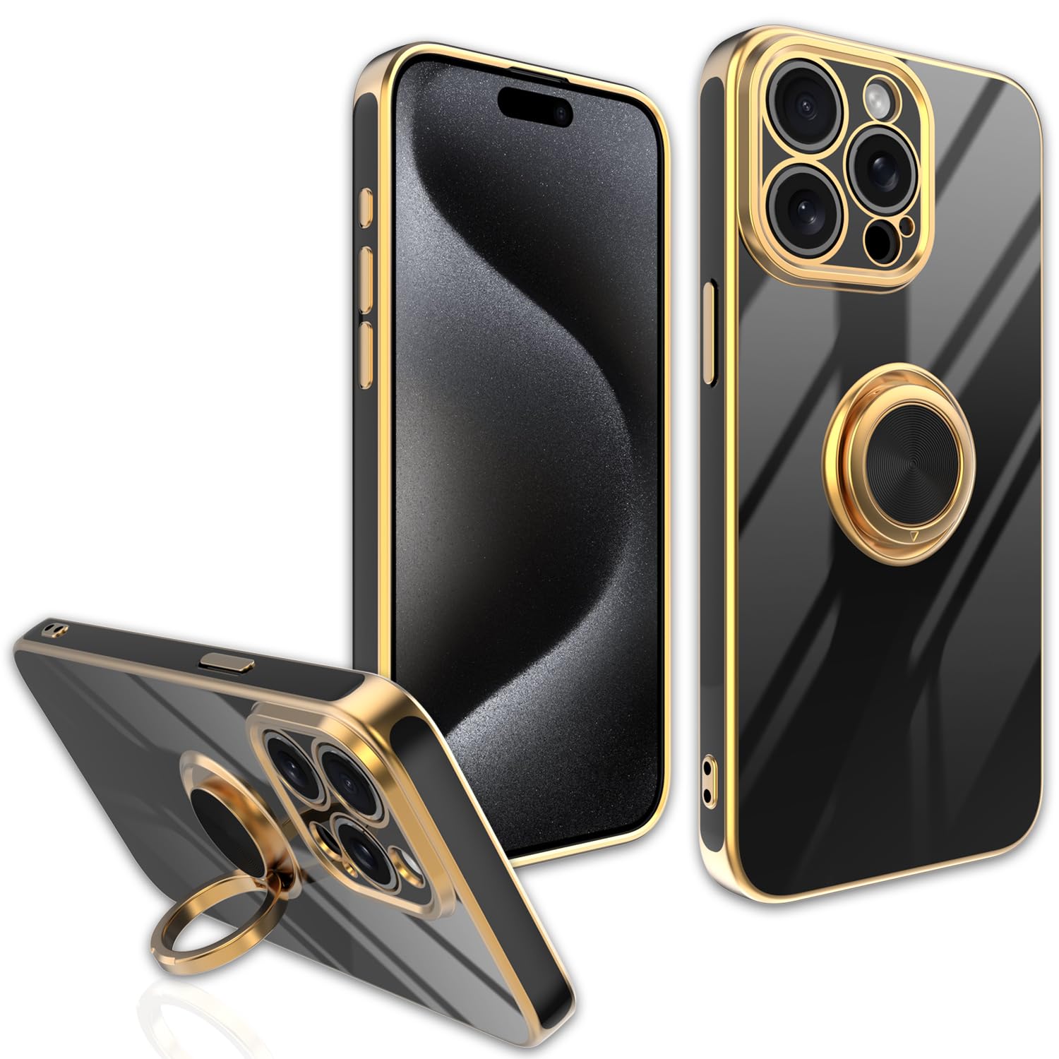 Premium iPhone 15 Pro Max Case with Multi-Function Finger Ring Stand - Upgraded Camera Protection & Gold Plated Slim Cover (Black) | Perfect for Everyday Use, Travel & Hands-Free Viewing