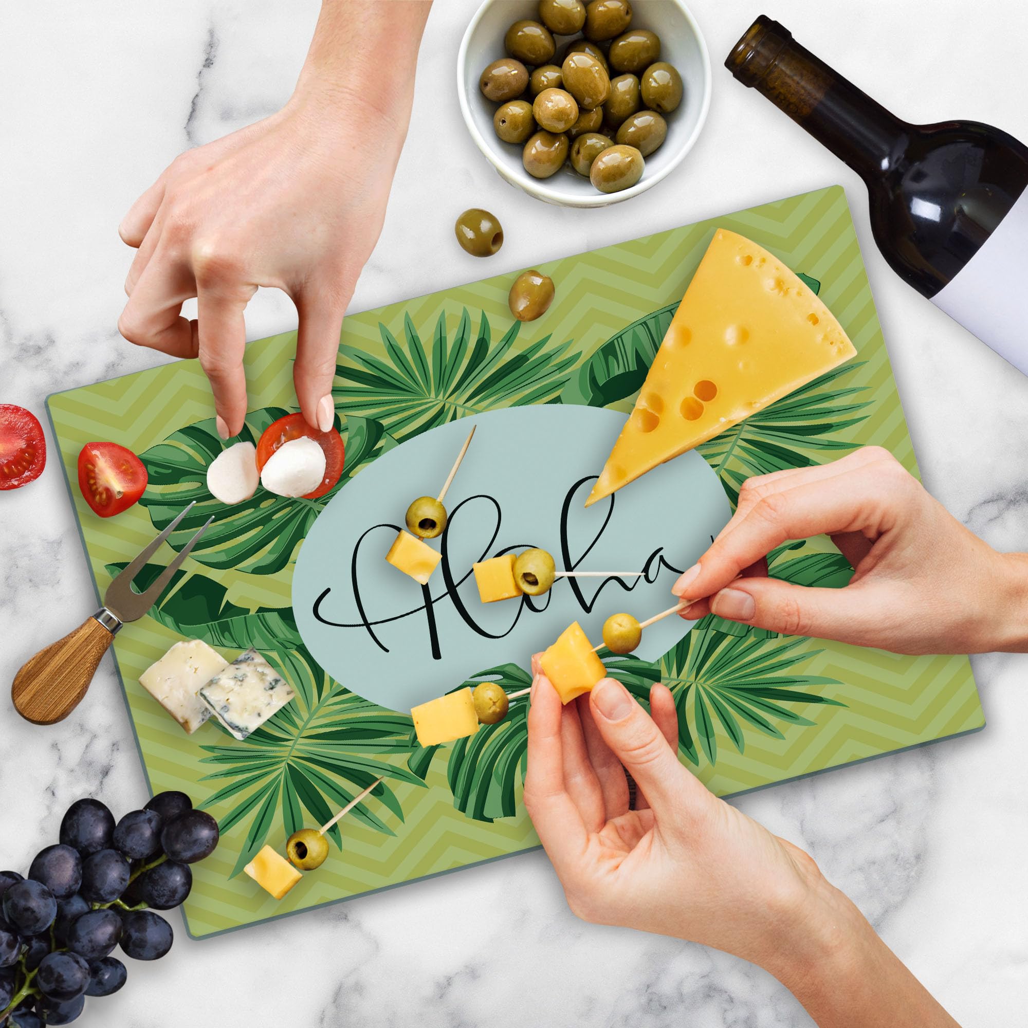 Ambesonne Aloha Tempered Glass Cutting Board - Exotic Monstera Leaf Jungle Pattern with Chevron Zigzags - Large Decorative Serving Board in Fern Green, Charcoal Grey & Pastel Brown - Perfect for Kitchen Prep, Charcuterie Displays & Tropical Themed Parties