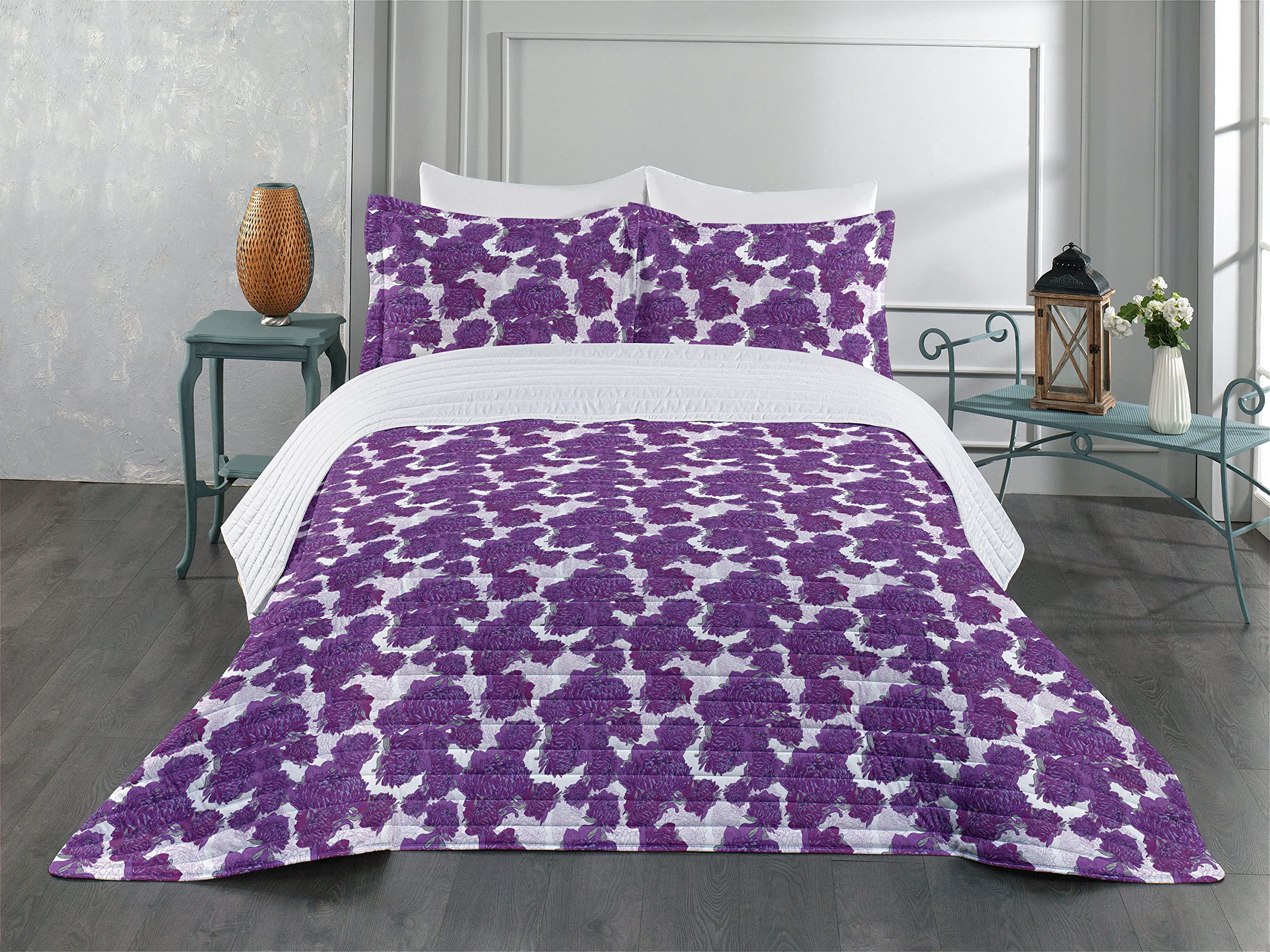 Ambesonne King Size Mauve Microfiber Bedding Set - Vivid Allium Flower Petals Design, Soft Comforter with Pillow Shams | Bohemian Victorian Peony Art in Purple & White | Perfect for Master Bedroom, Guest Room & Bohemian Home Decor