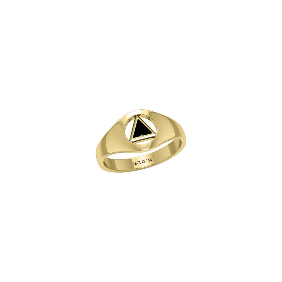 14K Solid Yellow Gold Ring with Inlaid Recovery Symbol - AA Sobriety Jewelry for Addiction Recovery & 12 Step Programs - Perfect Gift for Sobriety Anniversary, Birthday or Special Occasion