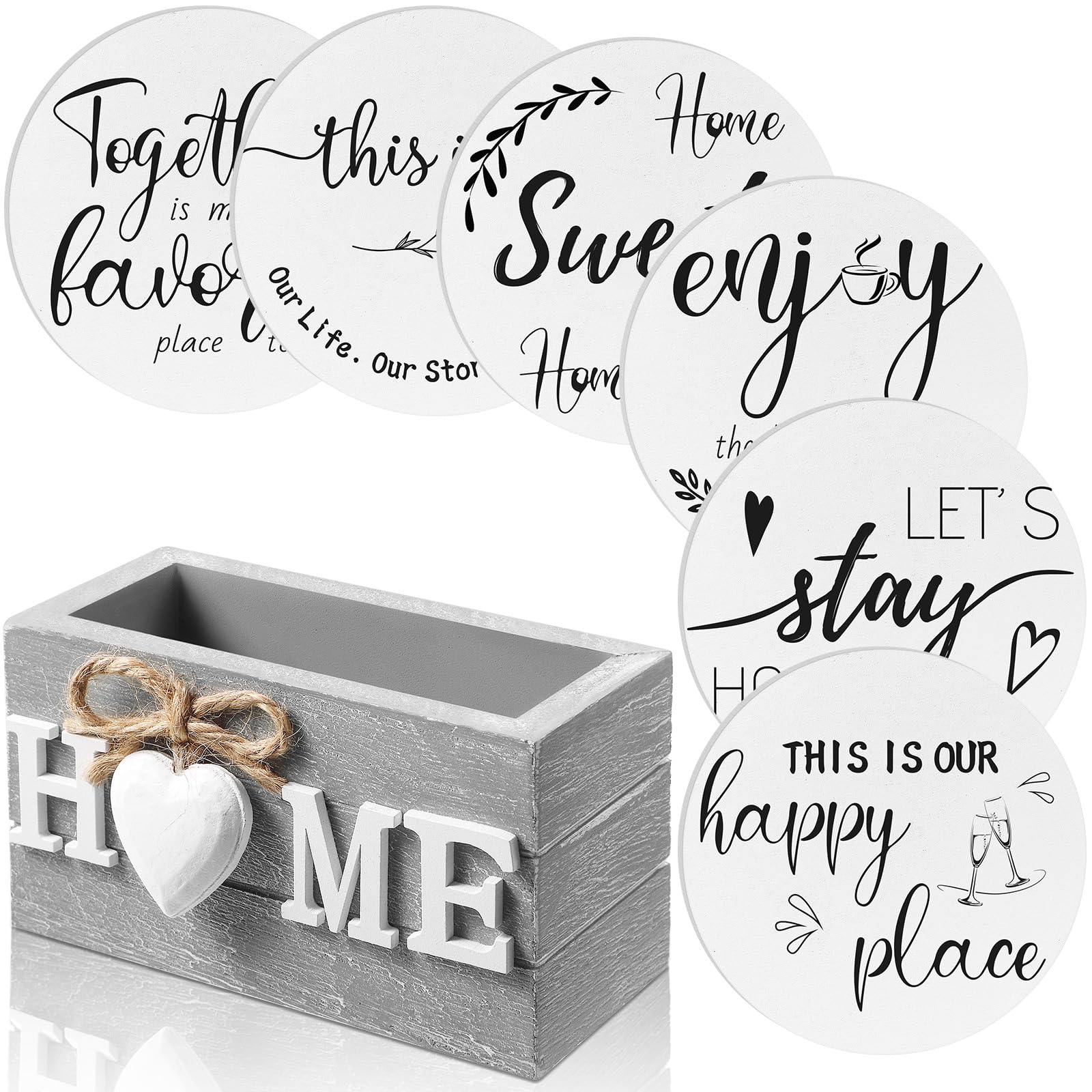 Queekay 6-Pack Wooden Heart Coasters Set with Holder - Farmhouse Style Drink Coasters for Coffee Table Protection, 4 Inch White - Perfect Housewarming Gift & Home Decor for Family, Friends, Kitchen, Living Room, and Dining Room Use