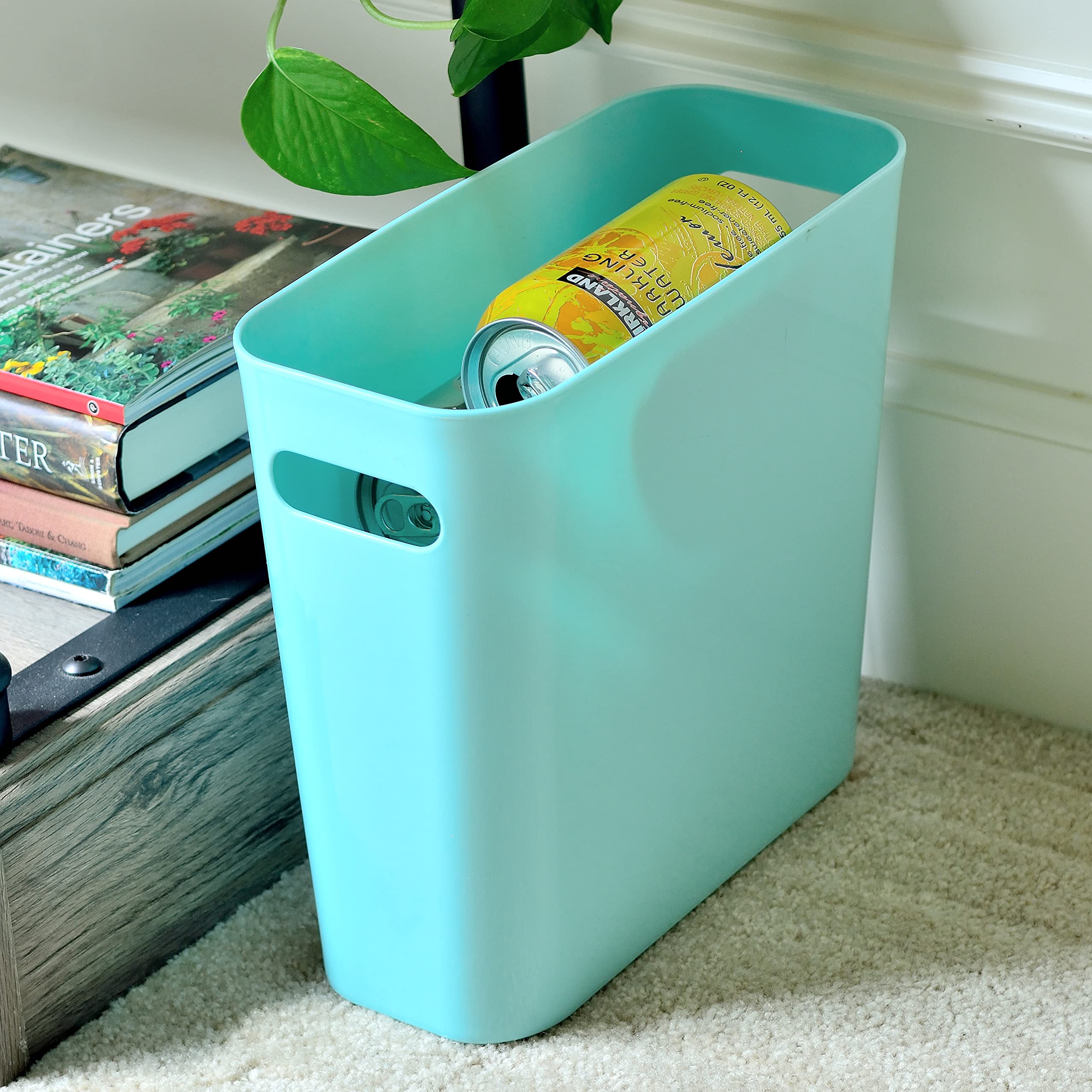 Youngever 1.5 Gallon Slim Trash Can - Small Plastic Waste Bin with Handles for Home, Office, Kitchen, Bathroom - Space Saving Garbage Container for Desks, Countertops & Tight Spaces (2 Pack, Mint Green)