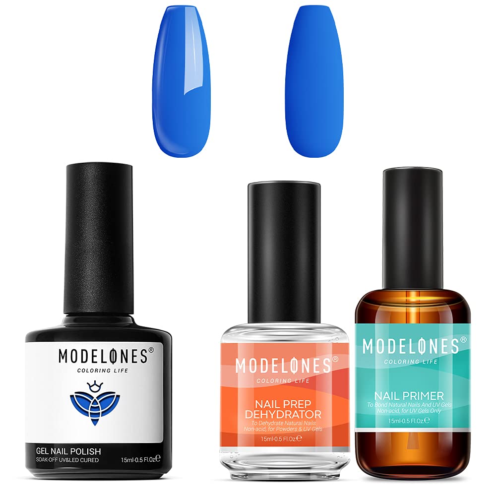 Modelones 3Pcs Nail Primer & Dehydrator Kit with Sapphire Blue Gel Polish - Professional Nail Prep for Acrylic & Gel Extensions, Manicures & Pedicures