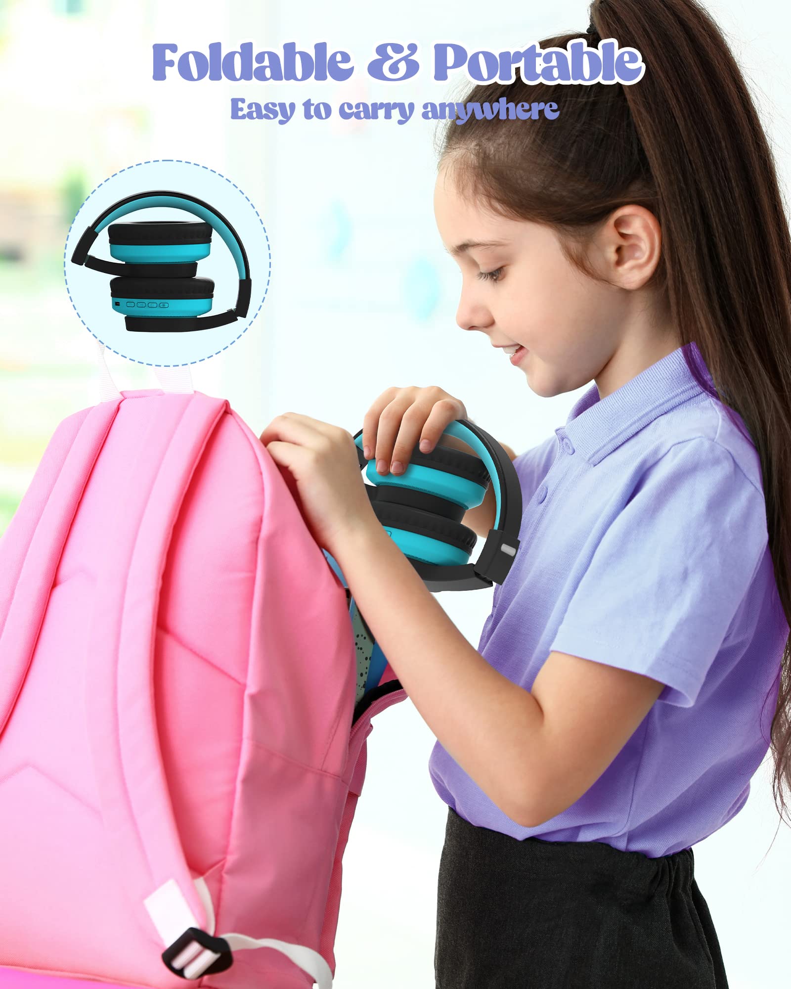 Wireless Kids Headphones with LED Lights & Built-in Mic - Volume Limited Safe Headphones for Children (Blue) - Perfect for Online Learning, Travel & Gaming