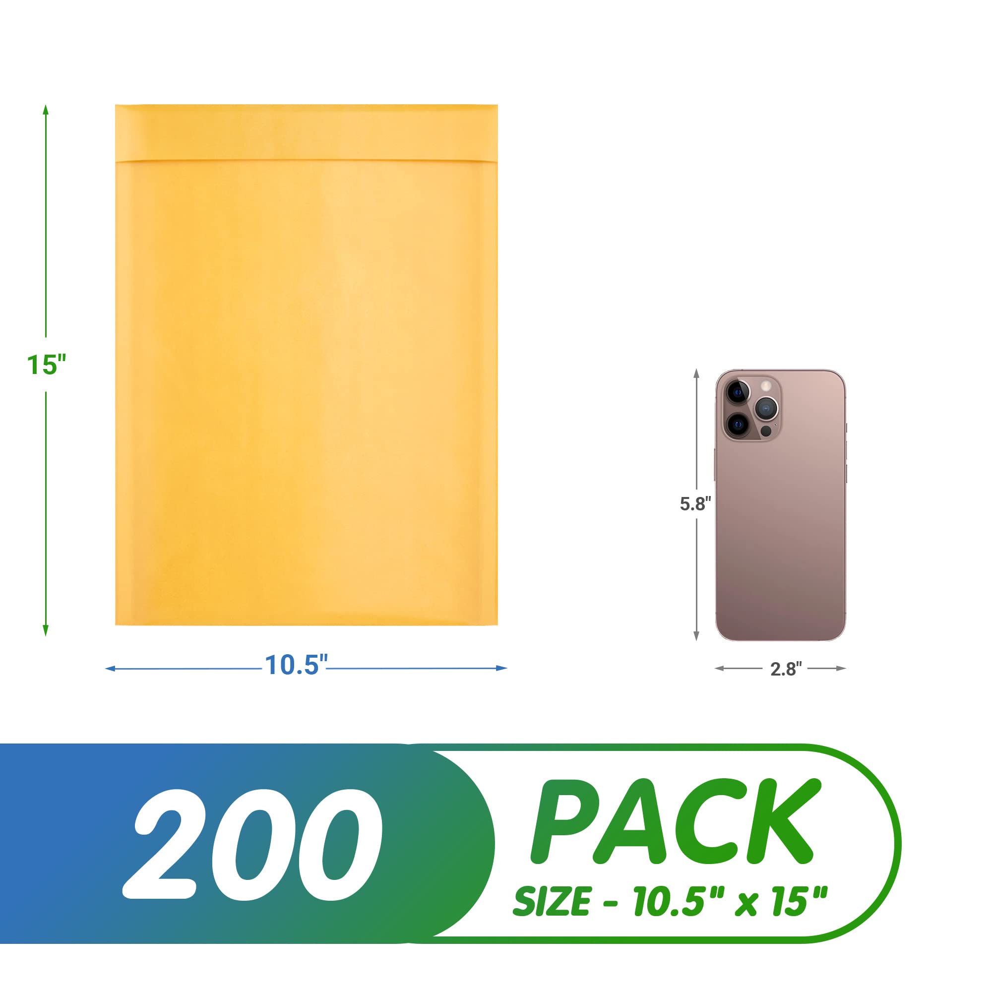 200 Pack 10.5x15 Inch Yellow Kraft Bubble Mailer Envelopes - Self Seal, Waterproof & Tear-Resistant Padded Mailing Envelopes | Perfect for Ecommerce Shipping, Small Business Packaging, Amazon FBA & USPS Mailers