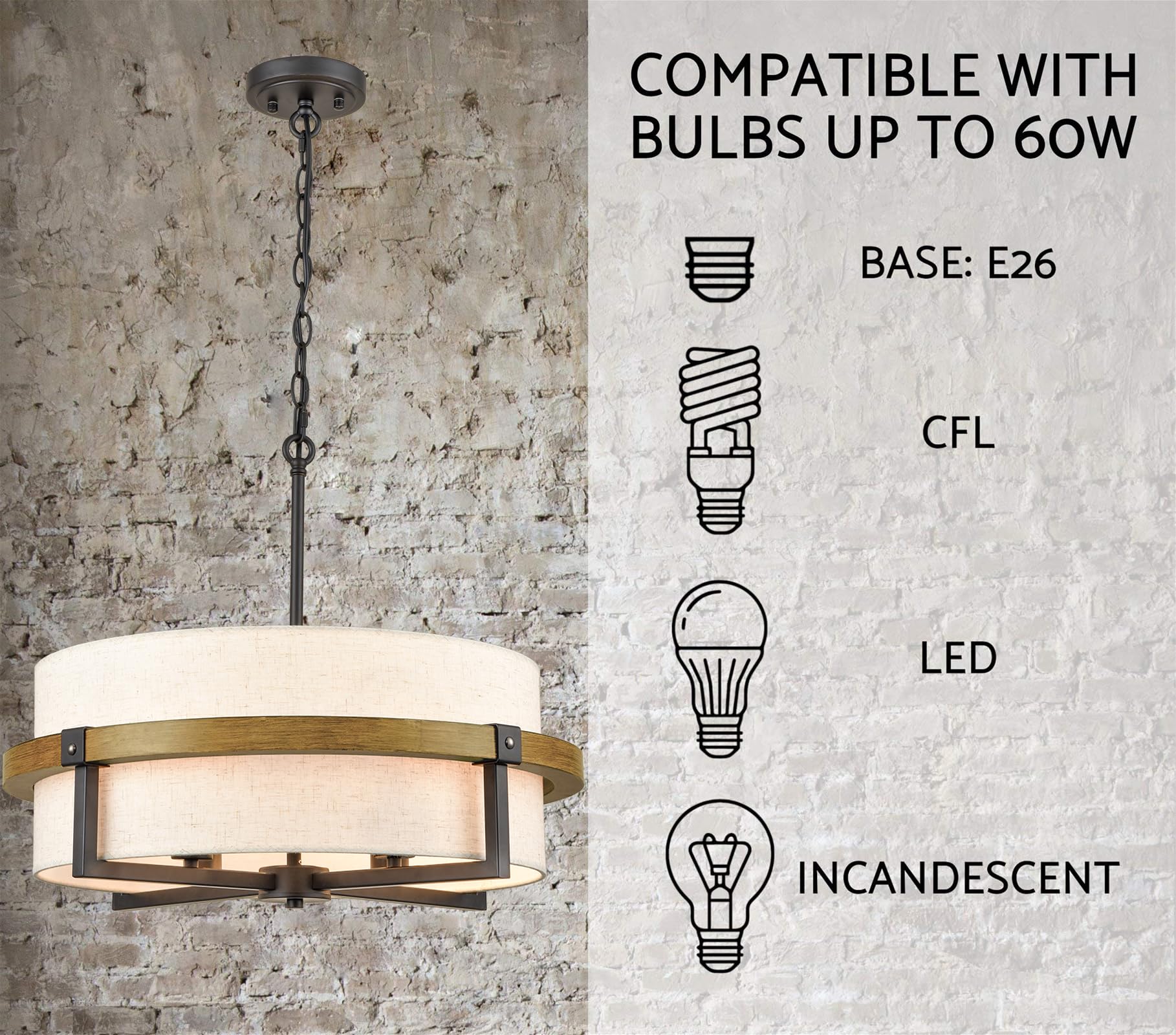 Rustic Drum Chandelier - 4-Light Farmhouse Pendant Light with Off-White Fabric Shade for Dining Room, Kitchen Island & Bedroom Lighting | Vintage Industrial Ceiling Fixture