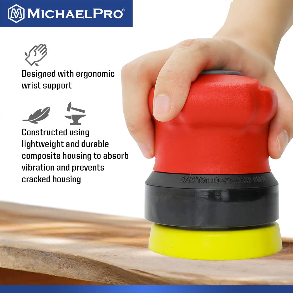 MichaelPro MPA01040 3-Inch Random Orbit Sander | 5mm Pneumatic Palm Sander for Woodworking, Metal & Composite Materials | Perfect for Sanding Furniture, Auto Body & DIY Projects