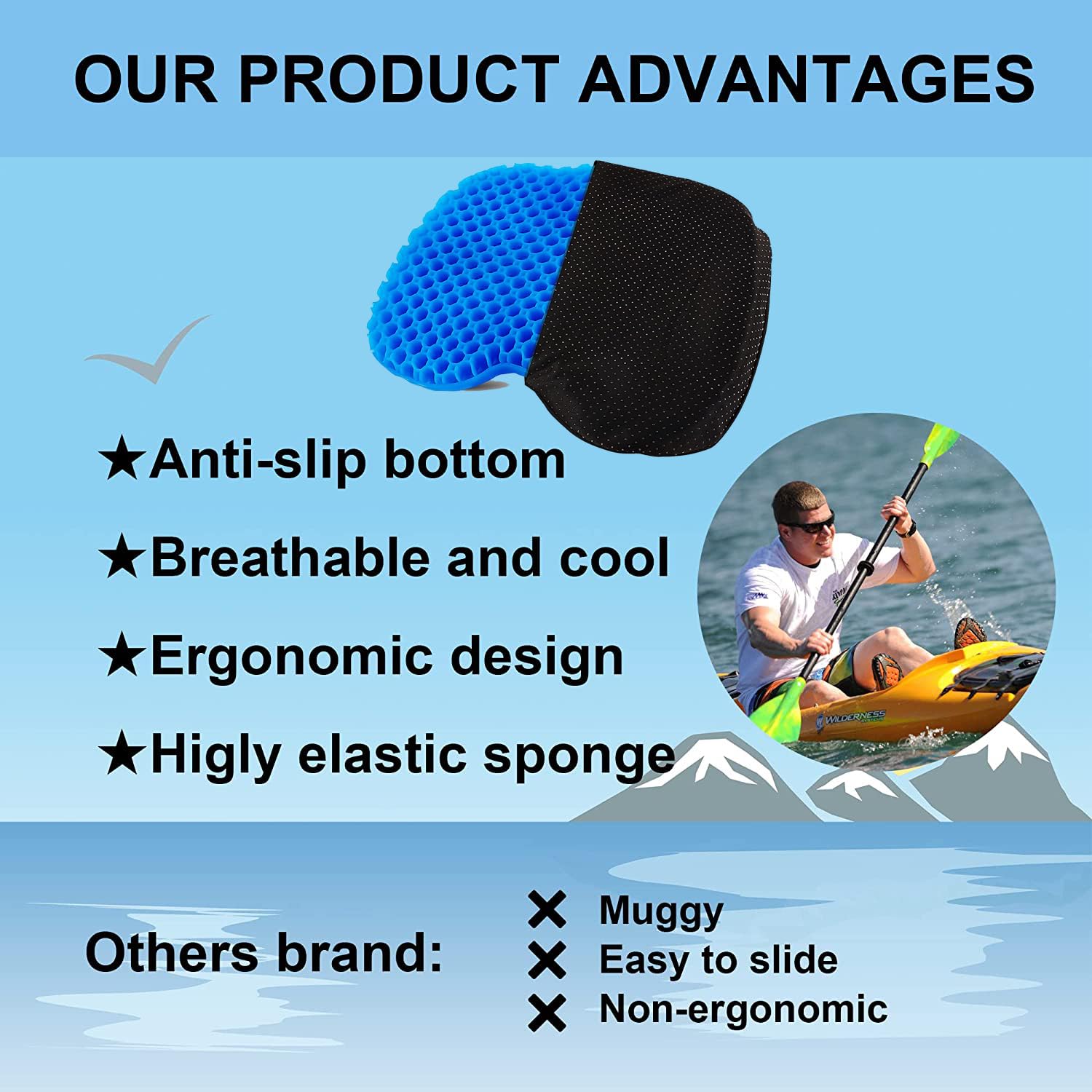 **Non-Slip Waterproof Gel Kayak Seat Cushion with Black Cover – Comfortable Boat Canoe Rowing Pad for Sit-In Kayak Chairs – Durable Kayak Accessories (Blue) – Perfect for Kayaking, Canoeing, and Outdoor Water Sports**